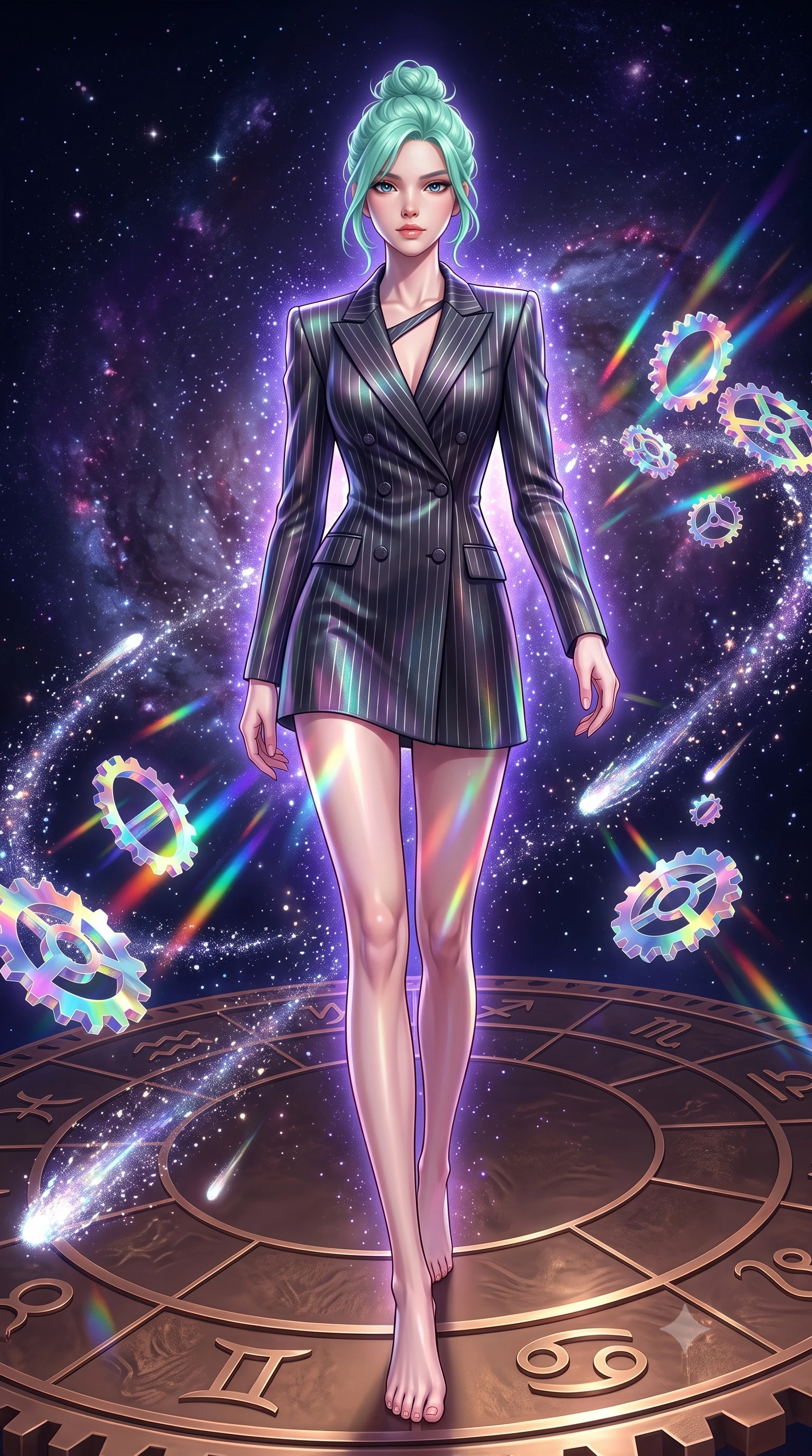 score_9, masterpiece, best quality, ultra-detailed, high-budget anime keyframe, editorial fashion photography, tasteful artistic composition, Japanese woman. low angle full-body shot from head to toe showing her feet, filling the entire 9:16 vertical frame with her statuesque presence, stretching her vertical silhouette. stepping forward in a proud dynamic stride, her vertical silhouette filling the frame with statuesque presence while pivoting dynamically on a revolving bronze zodiac dial surrounded by comet dust streams, floating prism gears scattering brilliant rainbow light beams across her statuesque build. She has an absolutely perfect, statuesque 8.5-heads proportion, an exceptionally tall and slender model-like female figure with impossibly long slender legs and an ultra-slim waist. sharp v-shaped jawline, high-bridge nose, intricate jewel-like eyes with depth, thick eyelashes, glossy lips with a natural sheen, flawlessly proportioned anatomical accuracy, natural body alignment, perfectly sculpted elegant limbs, clean dynamic posture without body distortion. wearing a double-breasted blazer dress with subtle metallic pin-stripes in matte black and polished silver, crafted from iridescent chiffon that shifts colors in the light, accented with a Tasteful chest slit framing her clavicle gracefully, the glove-like fit emphasizing her statuesque silhouette during motion. surrounded by a glowing aura of starlight and shimmering violet cosmic fill. highly saturated vibrant anime colors, detailed shading with soft gradients, rich glossy textures, high-contrast stereoscopic depth, volumetric dynamic lighting, master piece, 9:16 ratio