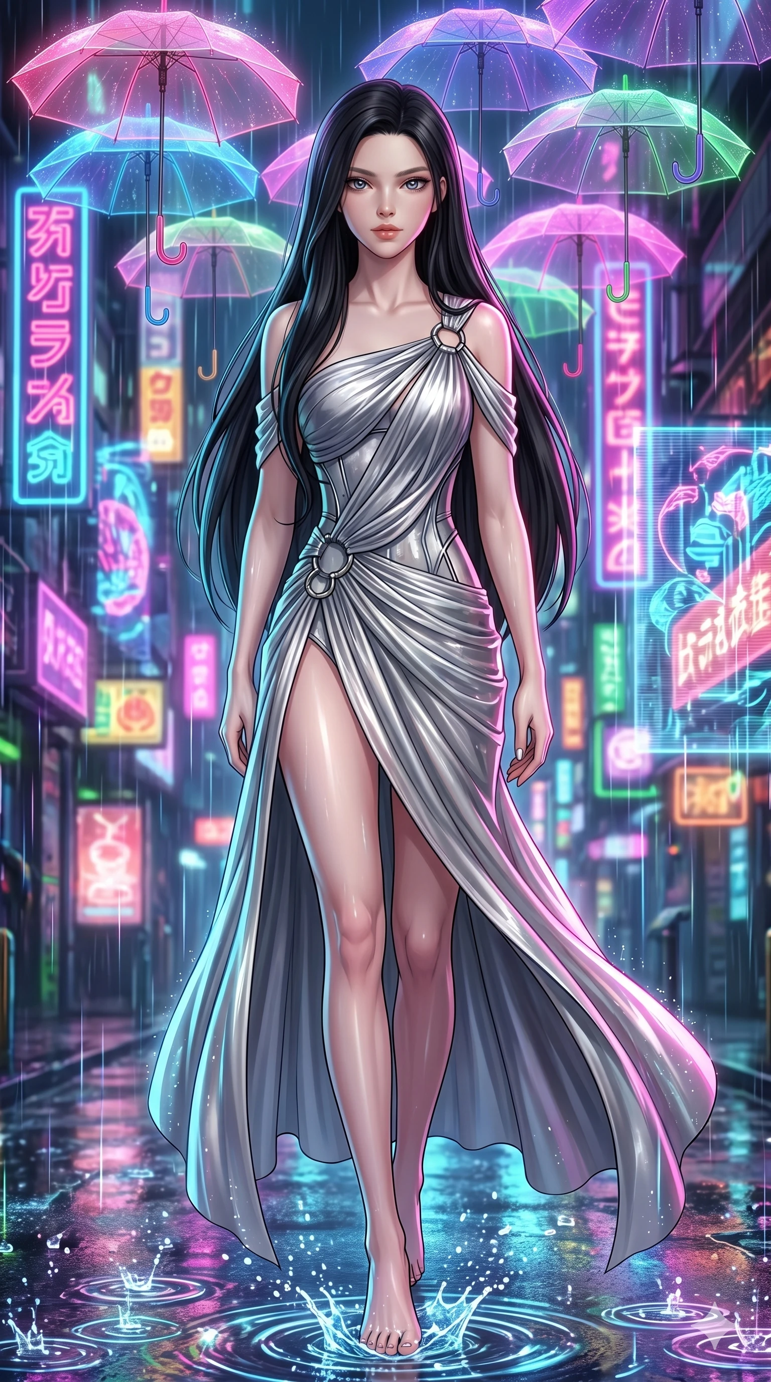 score_9, masterpiece, best quality, ultra-detailed, high-budget anime keyframe, Japanese woman. upper body close-up from the thighs up, character filling the screen for maximum presence. navigating a wet neon-lit future street under colorful floating umbrellas as translucent neon raindrops fall, creating brilliant splash ripples. She has an absolutely perfect 8-heads proportion, an exceptionally tall and slender female figure with impossibly long slender legs and an ultra-slim waist. V-shaped jawline, high-bridge nose, intricate jewel-like eyes with depth, thick eyelashes, glossy lips with a natural sheen.. wearing a draped Grecian cyber-gown, featuring draped silver metallic chiffon held by metal ring hardware, displaying a high-leg line. bathed in brilliant cinematic volumetric lighting and intense neon rim light highlighting her slender form. 2k, ultra detail, master piece, 9:16 ratio