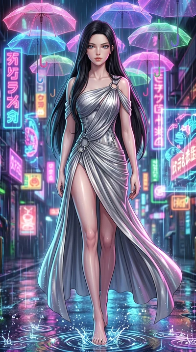 score_9, masterpiece, best quality, ultra-detailed, high-budget anime keyframe, Japanese woman. upper body close-up from the thighs up, character filling the screen for maximum presence. navigating a wet neon-lit future street under colorful floating