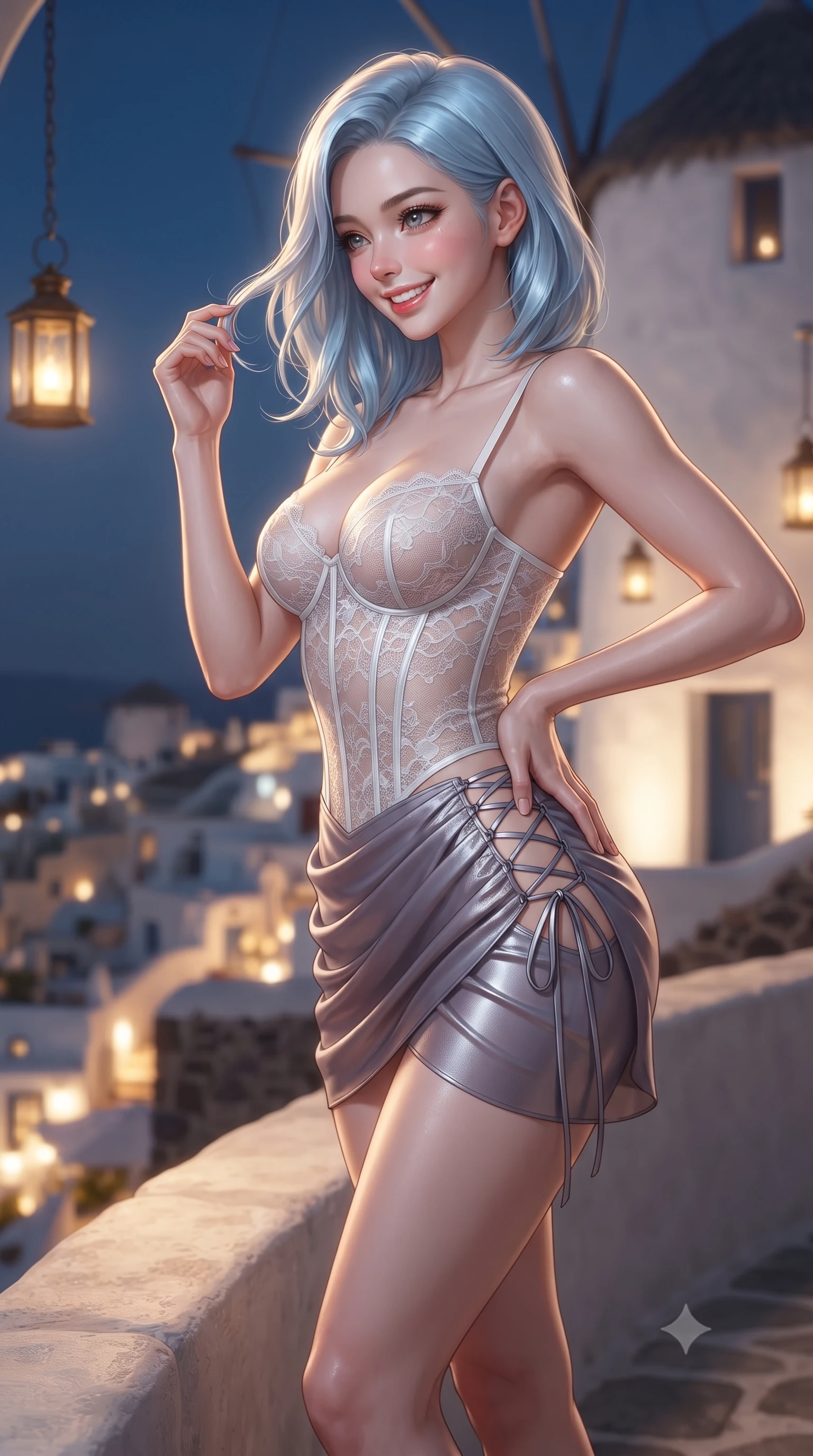 score_9, masterpiece, best quality, ultra-detailed, high-budget anime keyframe, editorial fashion photography, tasteful artistic composition, Korean woman. close-up cowboy shot from the waist and thighs up, the character dominates the composition, filling the frame with her large presence. twisting her slender torso in an alluring contrapposto stance, one hand resting on her sculpted hip while her fingers toy with her hair with effortless poise while standing poised on the semicircular stone balcony of the historic whitewashed windmill, arching her lower back with sovereign supermodel allure overlooking the glowing village. The background shows a soft-focus hanging brass lanterns softened in iconic Greek landmark shallow focus. She has an exceptionally elegant, slender, and willowy female figure with an ultra-slim waist, flat toned midriff, narrow ribcage, and sculpted feminine hips creating an alluring, slim hourglass silhouette without bulk. sharp v-shaped jawline, high-bridge nose, intricate jewel-like sparkling eyes with depth, thick eyelashes, glossy parted lips with a natural peach sheen, bright cheerful beaming smile with an enchanting and coquettish sensual glint, exuding both youthful cute charm and seductive allure, flawlessly proportioned anatomical accuracy, strict slender model proportions, natural body alignment, perfectly sculpted long slender limbs, ultra-slim waistline, clean dynamic posture without body distortion. wearing a sculpted underwire corset in semi-sheer snow-white lace paired with an ultra-short draped chiffon tulip skirt in dusky lavender noir and liquid silver chrome, woven from fine semi-opaque stretch illusion mesh tracing her slender contours, featuring fine criss-cross lace-up side ties revealing tantalizing glimpses of her hip curve, the glove-like clinging cut tightly following the natural contour of her hips and long slender legs with youthful 8.5-heads elegance. bathed in the magical warm golden 2700K ambient illumination of the village lights below mixed with Aegean moonlight. ultra-reflective glossy finish, specular highlights, rich textural contrasts, high-contrast stereoscopic depth, volumetric dynamic lighting, 2k, ultra detail, master piece, 9:16 ratio