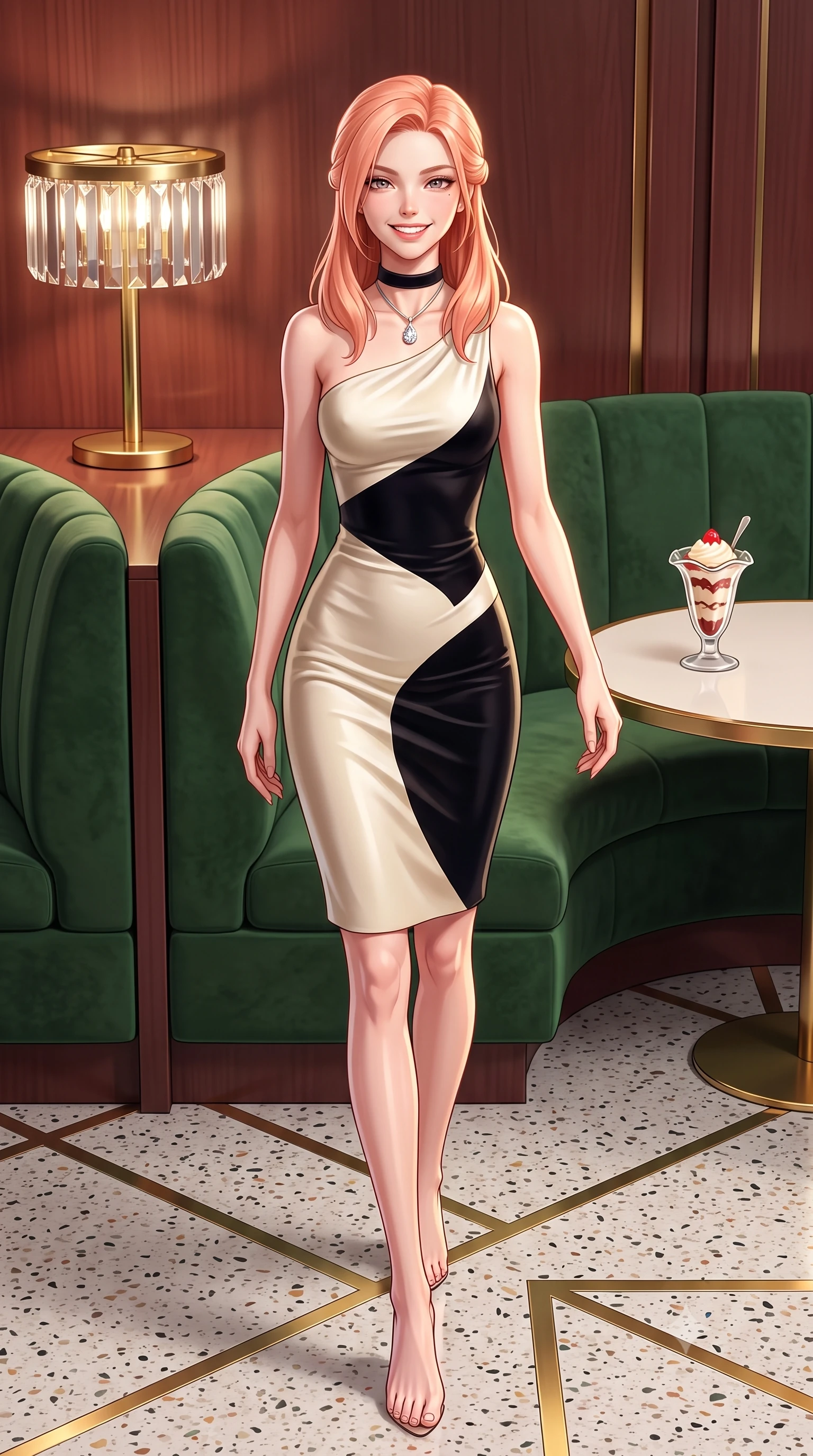 score_9, masterpiece, best quality, ultra-detailed, high-budget anime keyframe, semi-realistic 3D game render, editorial fashion photography, tasteful artistic composition, Japanese woman. low angle full-body shot from head to toe showing her feet, filling the entire 9:16 vertical frame with her statuesque presence, stretching her vertical silhouette. stepping forward gracefully in mid-motion with a radiant beaming smile, hips swaying with supermodel rhythm as her vertical silhouette fills the frame while sitting poised in a curved forest green velvet booth beside a polished brass lamp, smiling cheerfully over a vintage parfait glass. The surrounding environment is rendered in vivid detail and crisp panoramic clarity: sharp brass geometric inlay strips in terrazzo flooring, cut-crystal lamp shade facets, and velvet upholstery pile in deep focus. She has an exceptionally tall and slender model-like 8.5-heads proportion, an ultra-slim waist, a flat toned midriff, narrow delicate ribcage, and beautifully sculpted feminine hips creating a graceful, slim hourglass silhouette without any bulky heaviness, with impossibly long slender legs. sharp v-shaped jawline, high-bridge nose, intricate jewel-like sparkling eyes with depth, thick eyelashes, glossy parted lips with a natural peach sheen, bright cheerful beaming smile with an enchanting and coquettish sensual glint, exuding both youthful cute charm and seductive allure, flawlessly proportioned anatomical accuracy, strict slender model proportions, natural body alignment, perfectly sculpted long slender limbs, ultra-slim waistline, clean dynamic posture without body distortion. wearing an elegant fitted liquid crepe cocktail sheath dress with an asymmetric neckline tracing her delicate collarbones and narrow waist in gilded ivory pearl and rich obsidian, crafted from fluid liquid velvet offering rich tactile depth while adhering to her hourglass shape, finished with a narrow velvet neck ribbon and a sparkling teardrop crystal pendant, the body-conscious tailored knit hugging her sculpted torso and curvaceous hips in a seamless, fluid line that highlights her statuesque model proportions. illuminated by rosewood wall and brass reflection bounce with crisp champagne rim lights defining her cheekbones and slender waist. highly saturated vibrant anime colors, detailed shading with soft gradients, rich glossy textures, high-contrast stereoscopic depth, volumetric dynamic lighting, master piece, 9:16 ratio