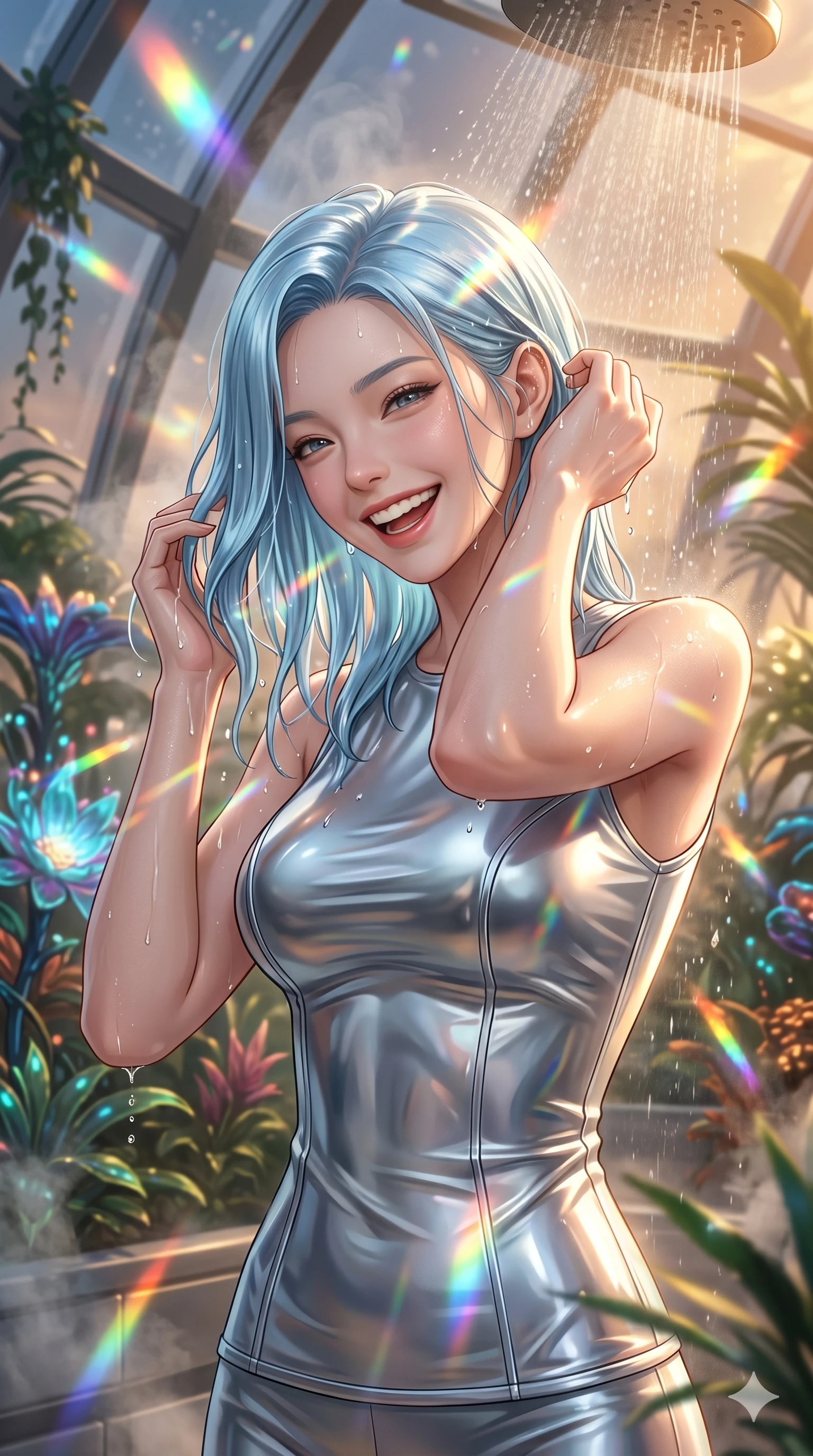 score_9, masterpiece, best quality, ultra-detailed, high-budget anime keyframe, semi-realistic 3D game render, Korean woman. Upper body close-up from the thighs up, character filling the screen for maximum presence. Inside a biotech garden greenhouse during a warm shower, tilting her head, shaking water droplets from her hair with a happy laugh. She is wearing a sleek tailored top in liquid-chrome finish that complements her silhouette. The scene is bathed in warm sun lamps and refracting rainbow lens flares. 2k, ultra detail, master piece, 9:16 ratio