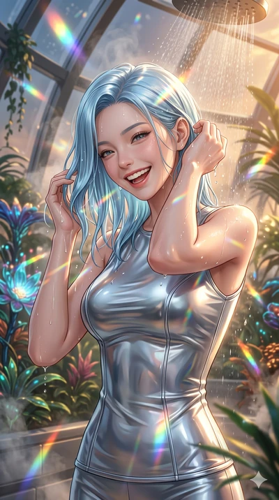 score_9, masterpiece, best quality, ultra-detailed, high-budget anime keyframe, semi-realistic 3D game render, Korean woman. Upper body close-up from the thighs up, character filling the screen for maximum presence. Inside a biotech garden greenhouse