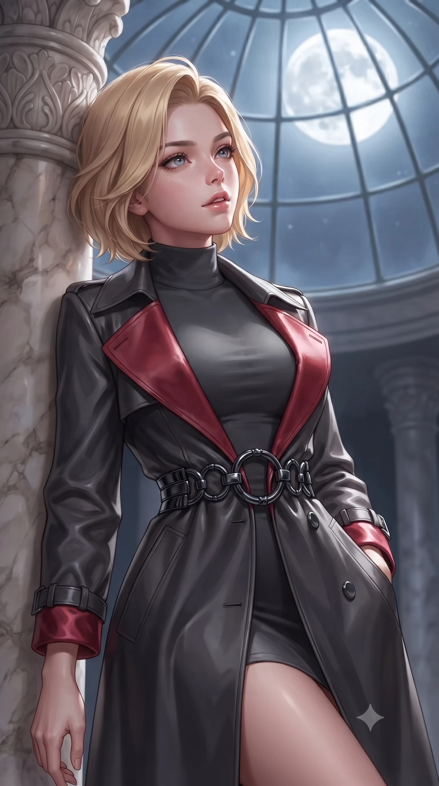 score_9, masterpiece, best quality, ultra-detailed, high-budget anime keyframe, editorial fashion photography, tasteful artistic composition, Caucasian woman. close-up cowboy shot from the waist and thighs up, the character dominates the composition, filling the frame with her large presence, background elements kept in soft focus. Tilting her chin up slightly with lips parted in a composed, magnetic expression, resting against a carved marble column looking up at a full moon through glass, divine celestial beauty with intense sensual presence. She has an exceptionally elegant, slender, and willowy female figure with an ultra-slim waist, a gracefully sculpted slender torso, and a refined silhouette. sharp v-shaped jawline, high-bridge nose, intricate jewel-like eyes with depth, thick eyelashes, glossy lips with a natural sheen. wearing structured charcoal trench dress over sleek turtleneck in dark charcoal gray, made of soft crimson satin, accented with sculpted obsidian chrome rings at the waist, accentuating her gracefully sculpted slender torso. illuminated by brilliant cold silver moonlight filtering through glass dome panes. highly saturated vibrant anime colors, detailed shading with soft gradients, rich glossy textures, high-contrast stereoscopic depth, volumetric dynamic lighting, master piece, 9:16 ratio