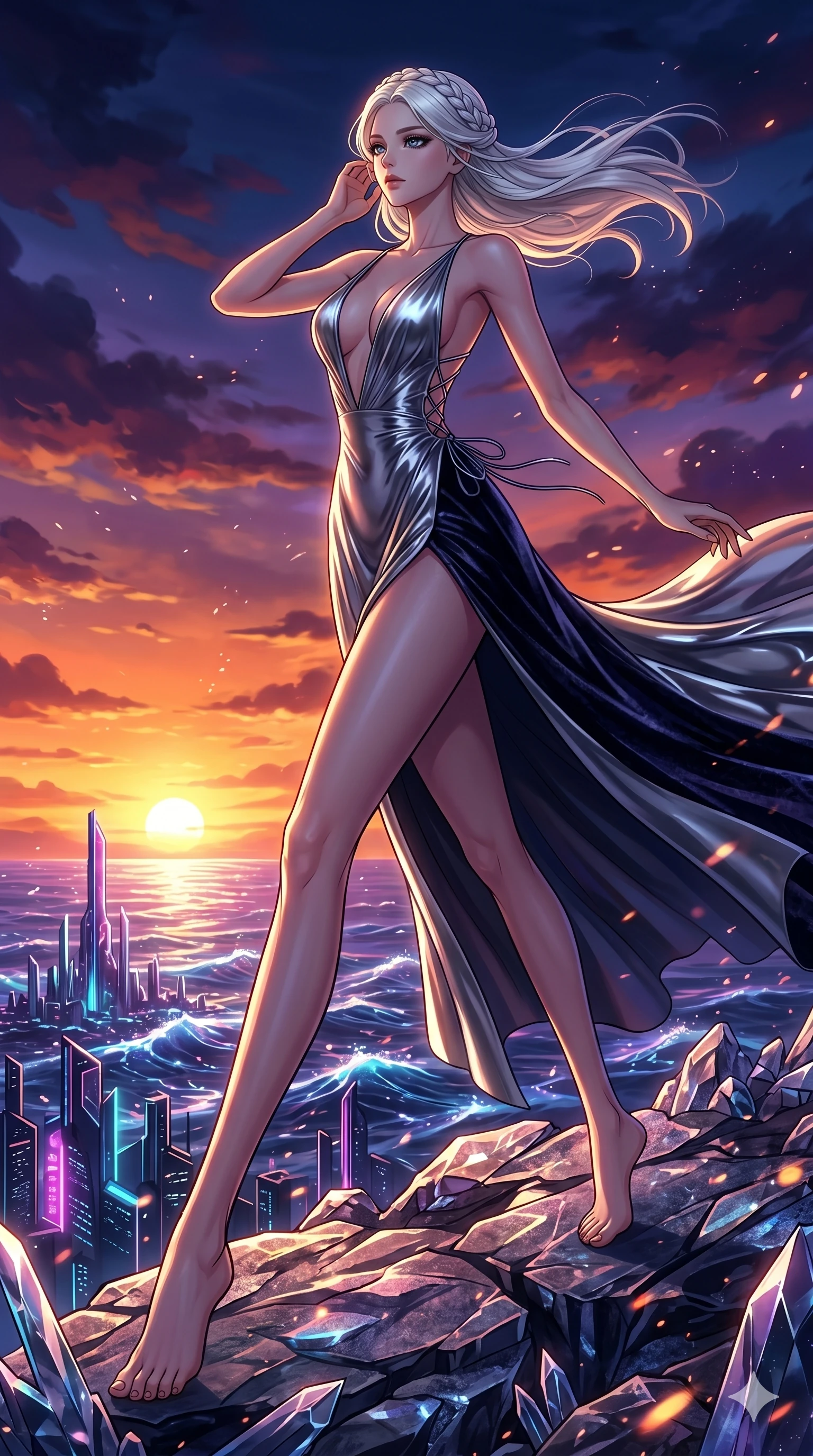 score_9, masterpiece, best quality, ultra-detailed, High-budget Anime Keyframe, vibrant colors, fluid line-art, expressive lighting, cinematic composition, Ufotable-style visual effects, top-tier animation quality, Korean woman with idol-like refined features. Wide-angle low shot emphasizing her impossibly long slender legs and commanding stature. Listening to the ancient whispers of the wind on a high mountain peak, her hair and outfit flowing in the breeze. She has an absolutely perfect 8-heads proportion, an exceptionally tall and slender female figure with impossibly long slender legs and an ultra-slim waist, her statuesque height and towering silhouette dominating the vertical 9:16 frame. Her face is a masterpiece featuring a sharp v-shaped jawline, high-bridge nose, intricate jewel-like eyes with depth, thick eyelashes, and glossy lips with a natural sheen. She is wearing a Liquid mercury fabric dress that clings perfectly to her every curve with a deep plunging neckline crafted from Crushed dark velvet with a deep, rich texture that absorbs light and glows at the edges, featuring a deep plunging neckline and delicate lace-up side details. The scene is set in a vibrant sunset over a futuristic crystalline ocean with waves made of liquid light, illuminated by harsh neon light and deep shadows creating a high-contrast noir aesthetic. 2k, ultra detail, master piece, 9:16 ratio