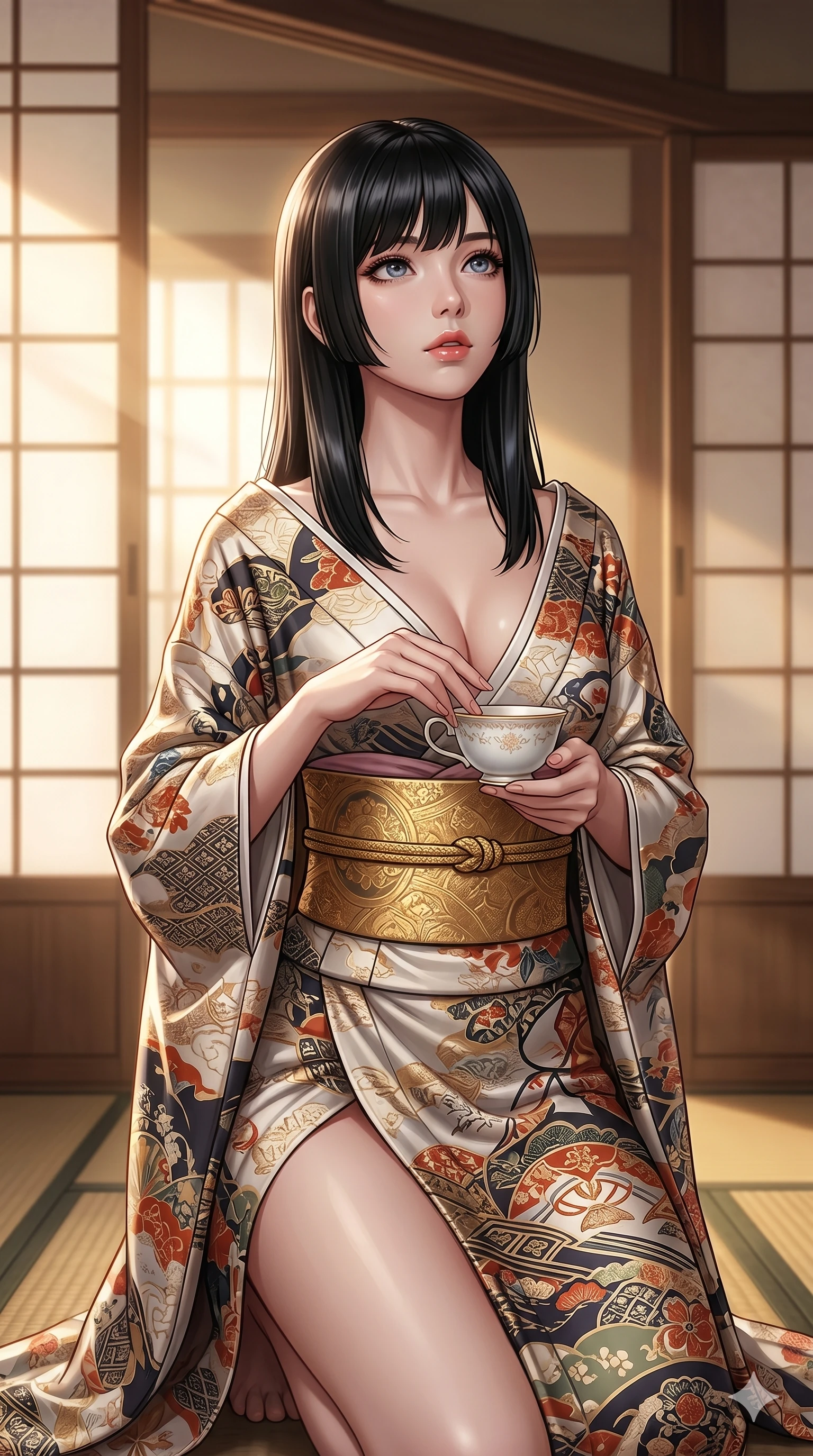 score_9, masterpiece, best quality, ultra-detailed, high-budget anime keyframe, editorial fashion photography, tasteful artistic composition, Caucasian woman, strictly human ears. cowboy shot from the thighs up, character and outfit filling the frame for maximum editorial presence. resting her fingers on a porcelain tea cup, looking up with a gentle, curious gaze inside a traditional tatami room with sliding paper doors (Code-P16-090). She has an absolutely perfect 8-heads proportion, an exceptionally tall and slender female figure with impossibly long slender legs and an ultra-slim waist. V-shaped jawline, high-bridge nose, intricate jewel-like eyes with depth, thick eyelashes, glossy lips with a natural sheen. wearing a modern silk kimono dress with a plunging neck and wide gold obi belt. soft warm morning sunbeams filtering through the paper screens, casting a gentle glow. 2k, ultra detail, master piece, 9:16 ratio