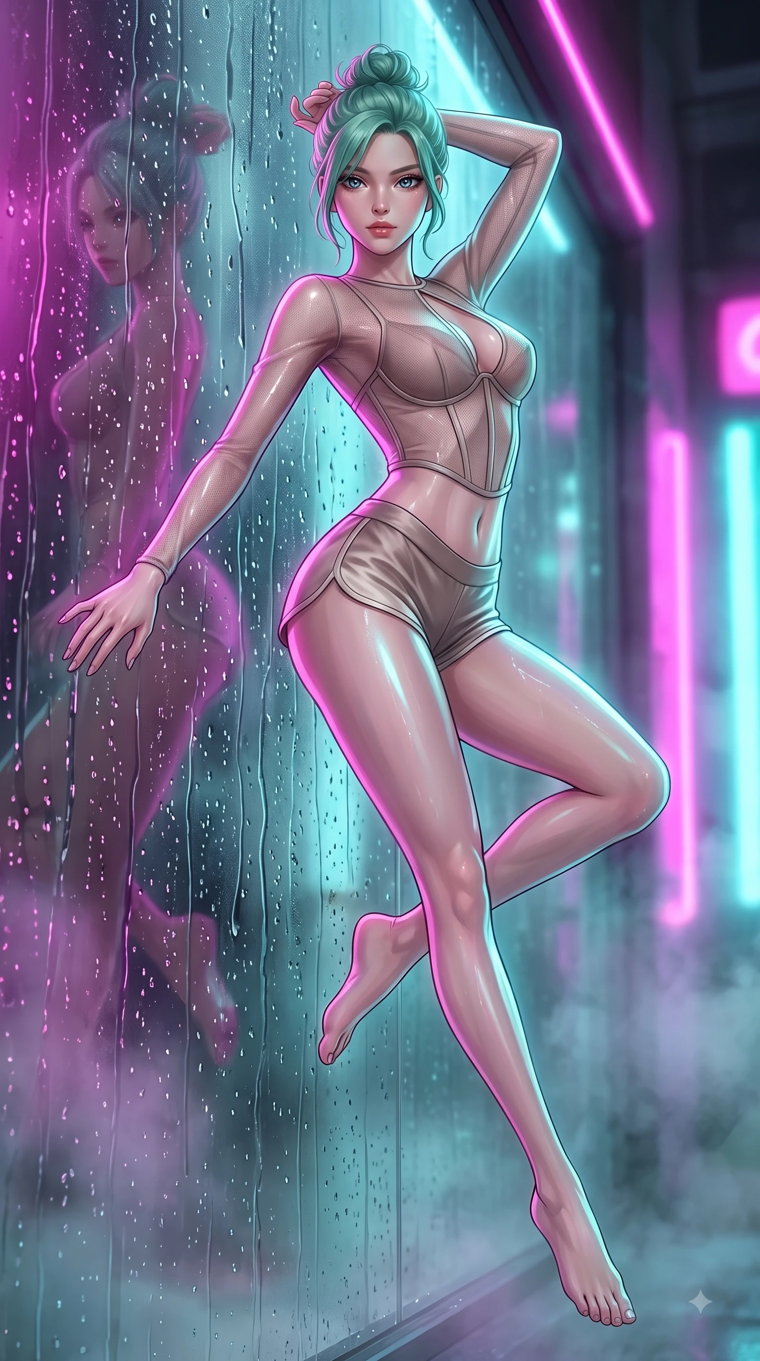 score_9, masterpiece, best quality, ultra-detailed, high-budget anime keyframe, editorial fashion photography, tasteful artistic composition, Japanese woman. low angle full-body shot from head to toe showing her feet, filling the entire 9:16 vertical frame with her statuesque presence, stretching her vertical silhouette. performing an athletic mid-air rotation with flawless poise, her vertical silhouette beautifully stretched while leaning against a wet glass window as rain droplets catch intense specular highlights, soft urban mist scattering vibrant magenta and cyan neon rim light around her silhouette. She has an absolutely perfect, statuesque 8.5-heads proportion, an exceptionally tall and slender model-like female figure with impossibly long slender legs and an ultra-slim waist. sharp v-shaped jawline, high-bridge nose, intricate jewel-like eyes with depth, thick eyelashes, glossy lips with a natural sheen, flawlessly proportioned anatomical accuracy, natural body alignment, perfectly sculpted elegant limbs, clean dynamic posture without body distortion. wearing a delicate see-through mesh top with structured cup boning and micro-shorts in muted taupe and soft ivory, crafted from smooth liquid silk, accented with a Tasteful chest slit framing her clavicle gracefully, the form-contouring material highlighting her ultra-slim waist and long lines. drenched in wet neon reflections with brilliant specular highlights on her silhouette. ultra-reflective glossy finish, specular highlights, metallic sheen, high-contrast stereoscopic depth, volumetric dynamic lighting, 2k, ultra detail, master piece, 9:16 ratio
