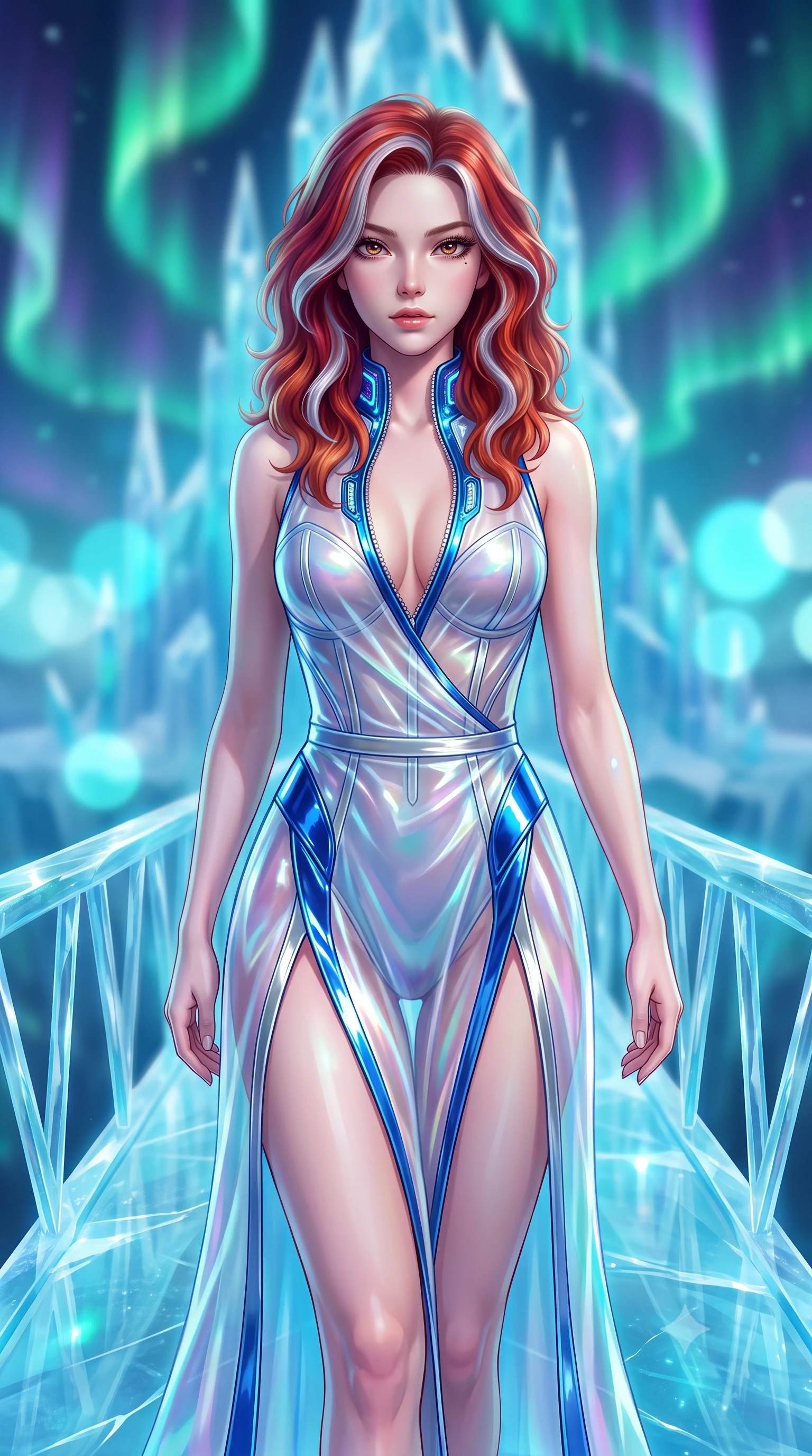 score_9, masterpiece, best quality, ultra-detailed, high-budget anime keyframe, semi-realistic 3D game render, editorial fashion photography, tasteful artistic composition, Caucasian woman. close-up cowboy shot from the waist and thighs up, the character dominates the composition, filling the frame with her large presence. gazing directly into the lens with bedroom eyes and a breathtaking, dangerous allure that commands the entire composition while striding gracefully along a translucent glacial bridge suspended beneath a swirling emerald aurora in a soaring crystal palace. The composition keeps background elements in soft focus with creamy bokeh. swirling emerald and violet aurora ribbons and crystal ice arches blurred into radiant, luminous cyan bokeh. She has an exceptionally elegant, slender, and willowy female figure with an ultra-slim waist, a gracefully sculpted slender torso, toned flat midriff, and a refined slim silhouette. sharp v-shaped jawline, high-bridge nose, intricate jewel-like eyes with depth, thick eyelashes, glossy lips with a natural sheen, flawlessly proportioned anatomical accuracy, strict slender model proportions, natural body alignment, perfectly sculpted long slender limbs, ultra-slim waistline, clean dynamic posture without body distortion. wearing a translucent iridescent organza wrap dress with structured bustier boning, plunging neckline, and high-cut dual leg slits in liquid electric cobalt blue and polished silver, formed from high-gloss patent material with specular light reflections, featuring a dangerously unzipped neckline framed by glowing cybernetic accents, the liquid-tight tailored fabric emphasizing every curve of her tall, slender model proportions and sculptured silhouette during dynamic movement. bathed in glowing emerald and violet aurora borealis radiance and sparkling diamond-dust refractions. highly saturated vibrant anime colors, detailed shading with soft gradients, rich glossy textures, high-contrast stereoscopic depth, volumetric dynamic lighting, master piece, 9:16 ratio