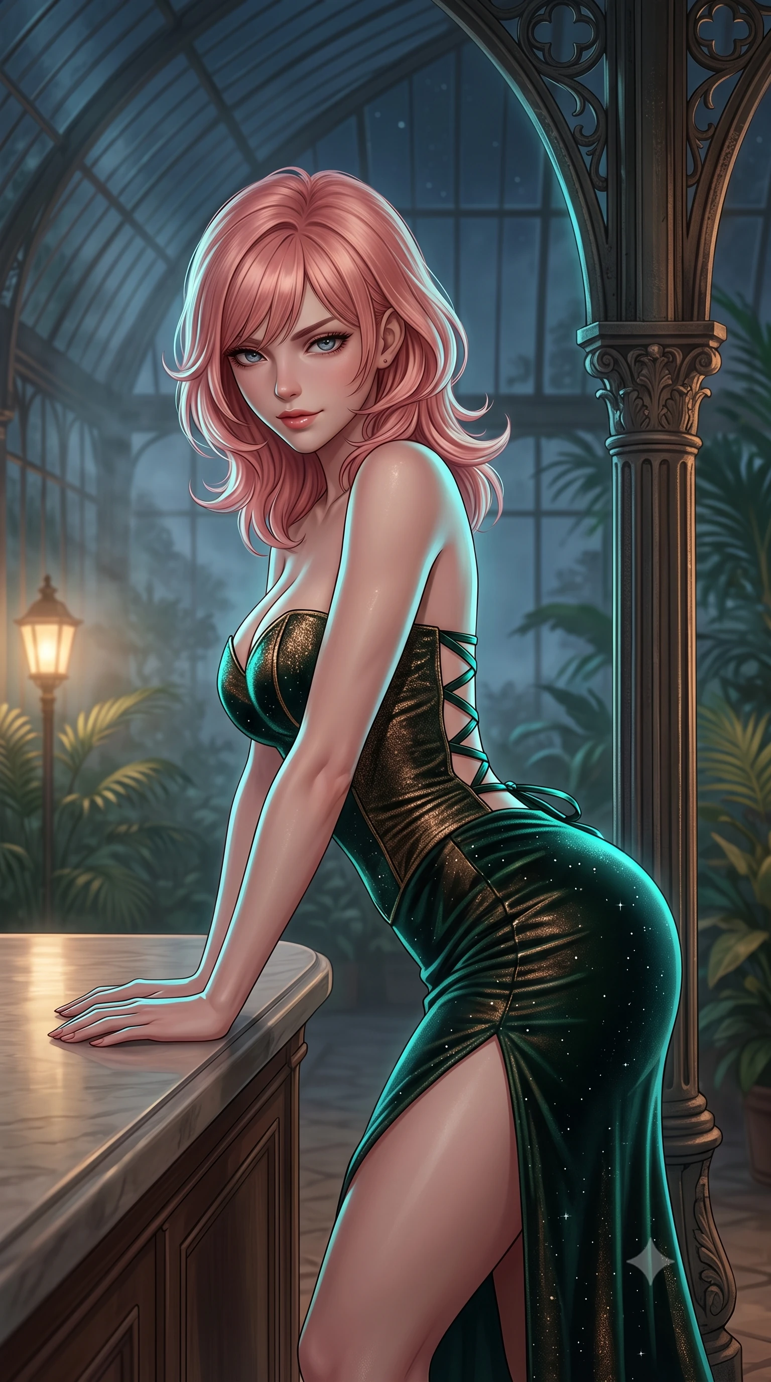 score_9, masterpiece, best quality, ultra-detailed, high-budget anime keyframe, semi-realistic 3D game render, editorial fashion photography, tasteful artistic composition, Japanese woman. close-up cowboy shot from the waist and thighs up, the character dominates the composition, filling the frame with her large presence. leaning forward over the counter while arching her lower back to accentuate her curvy hips, looking into the lens with a dangerous smoldering half-smile and bedroom-eyes while leaning against a soaring cast-iron structural rib with hips cocked back, casting a smoldering bedroom-gaze through tropical night mist. The surrounding environment is rendered in vivid detail and crisp panoramic clarity. detailed outfit drape, moisture sheen on skin, and Victorian glasshouse architecture in high clarity. She has an exceptionally elegant, slender, and willowy female figure with an ultra-slim waist, flat toned midriff, narrow ribcage, and sculpted feminine hips creating an alluring, slim hourglass silhouette without bulk. sharp v-shaped jawline, high-bridge nose, intricate jewel-like dark sparkling eyes with dangerous depth, thick curled eyelashes, glossy parted lips with a rich wine sheen, smoldering seductive half-smile with bedroom-eyes, exuding effortless superiority and intoxicating dark allure, flawlessly proportioned anatomical accuracy, strict slender model proportions, natural body alignment, perfectly sculpted long slender limbs, ultra-slim waistline, clean dynamic posture without body distortion. wearing a sweetheart-neckline velvet bustier paired with a curve-hugging high-slit mermaid maxi skirt in dark emerald green and brushed antique bronze, woven from metallic lurex thread casting subtle starlight glints across the fabric, featuring a dramatic criss-cross satin back lacing tracing her slender spine, the glove-like silhouette tightly following the natural contour of her hips and long slender legs with youthful 8.5-heads elegance. illuminated by soft warm pathway lantern fill and sharp cyan rim light defining her sculpted clavicle, narrow waist, and curvy hips. highly saturated vibrant anime colors, detailed shading with soft gradients, rich glossy textures, high-contrast stereoscopic depth, volumetric dynamic lighting, master piece, 9:16 ratio