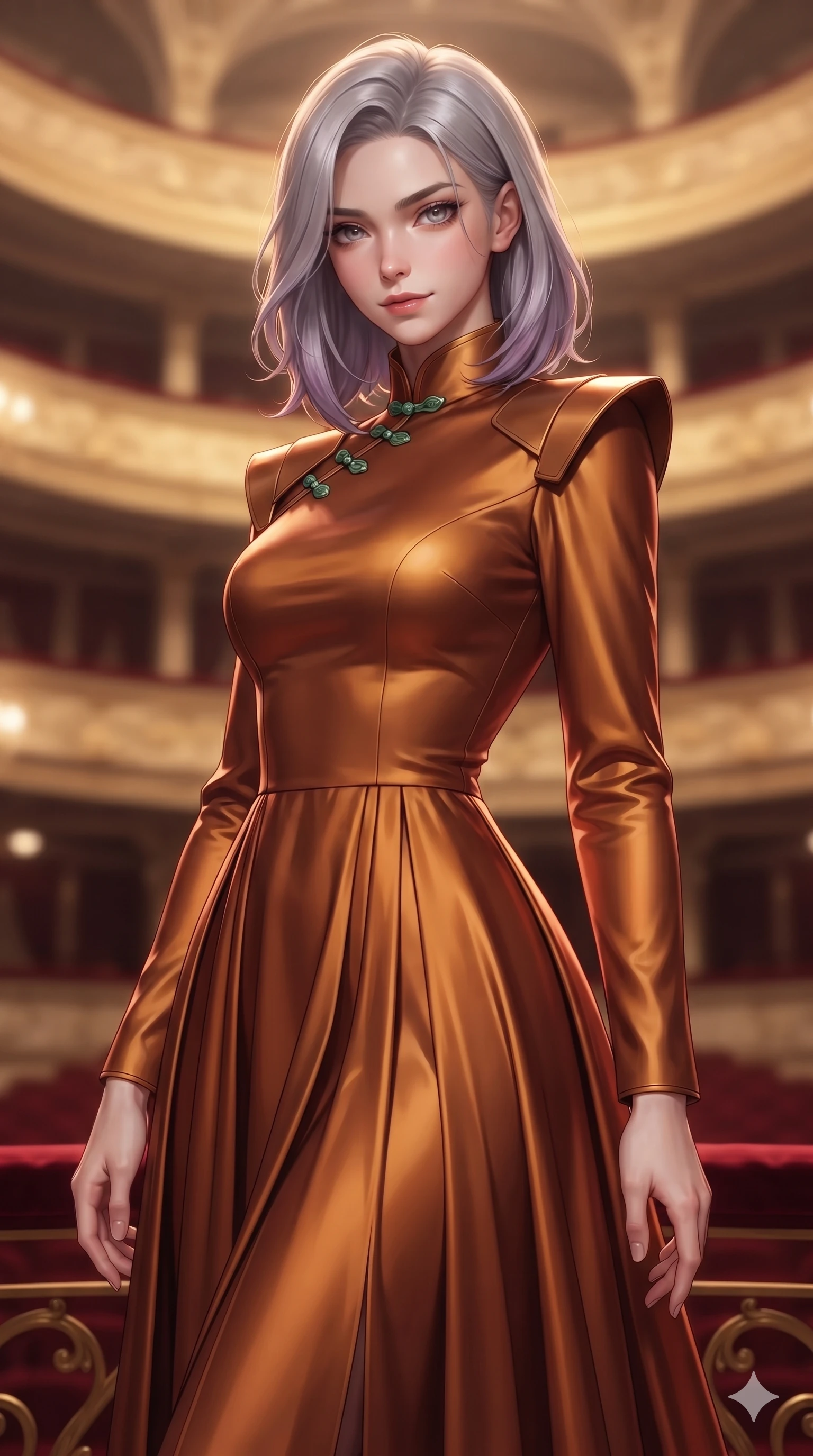 score_9, masterpiece, best quality, ultra-detailed, high-budget anime keyframe, editorial fashion photography, tasteful artistic composition, Caucasian woman. close-up cowboy shot from the waist and thighs up, the character dominates the composition, filling the frame with her large presence. tilting her head with a teasing half-smile, running one hand slowly down the side of her hip in a flirtatious S-curve as ambient light caresses her silhouette while standing poised at the edge of the private box, arching her lower back with sovereign supermodel grace as golden horseshoe balconies rise around her. The background shows a soft-focus romantic opera house atmosphere softened in private royal loge shallow focus. She has an exceptionally elegant, slender, and willowy female figure with an ultra-slim waist, flat toned midriff, narrow ribcage, and sculpted feminine hips creating an alluring, slim hourglass silhouette without bulk. sharp v-shaped jawline, high-bridge nose, intricate jewel-like sparkling eyes with depth, thick eyelashes, glossy parted lips with a natural sheen, intensely captivating and seductive bedroom-eyes expression, exuding both youthful cute charm and sovereign luxury allure, flawlessly proportioned anatomical accuracy, strict slender model proportions, natural body alignment, perfectly sculpted long slender limbs, ultra-slim waistline, clean dynamic posture without body distortion. wearing a refined long-sleeve high-collar silk georgette diplomatic gown with structured geometric shoulder plates and pleated skirt in rich copper bronze and warm amber, tailored from heavy double-faced silk georgette with an exceptionally fluid drape, finished with sleek jade frog closures glinting along her high collar, the bespoke structured tailoring following the natural line of her 8.5-heads silhouette with refined elegance. illuminated by velvet railing bounce and sharp gold-crimson rim lights defining her razor-sharp jawline, narrow waist, and curvy hips. ultra-reflective glossy finish, specular highlights, rich textural contrasts, high-contrast stereoscopic depth, volumetric dynamic lighting, 2k, ultra detail, master piece, 9:16 ratio