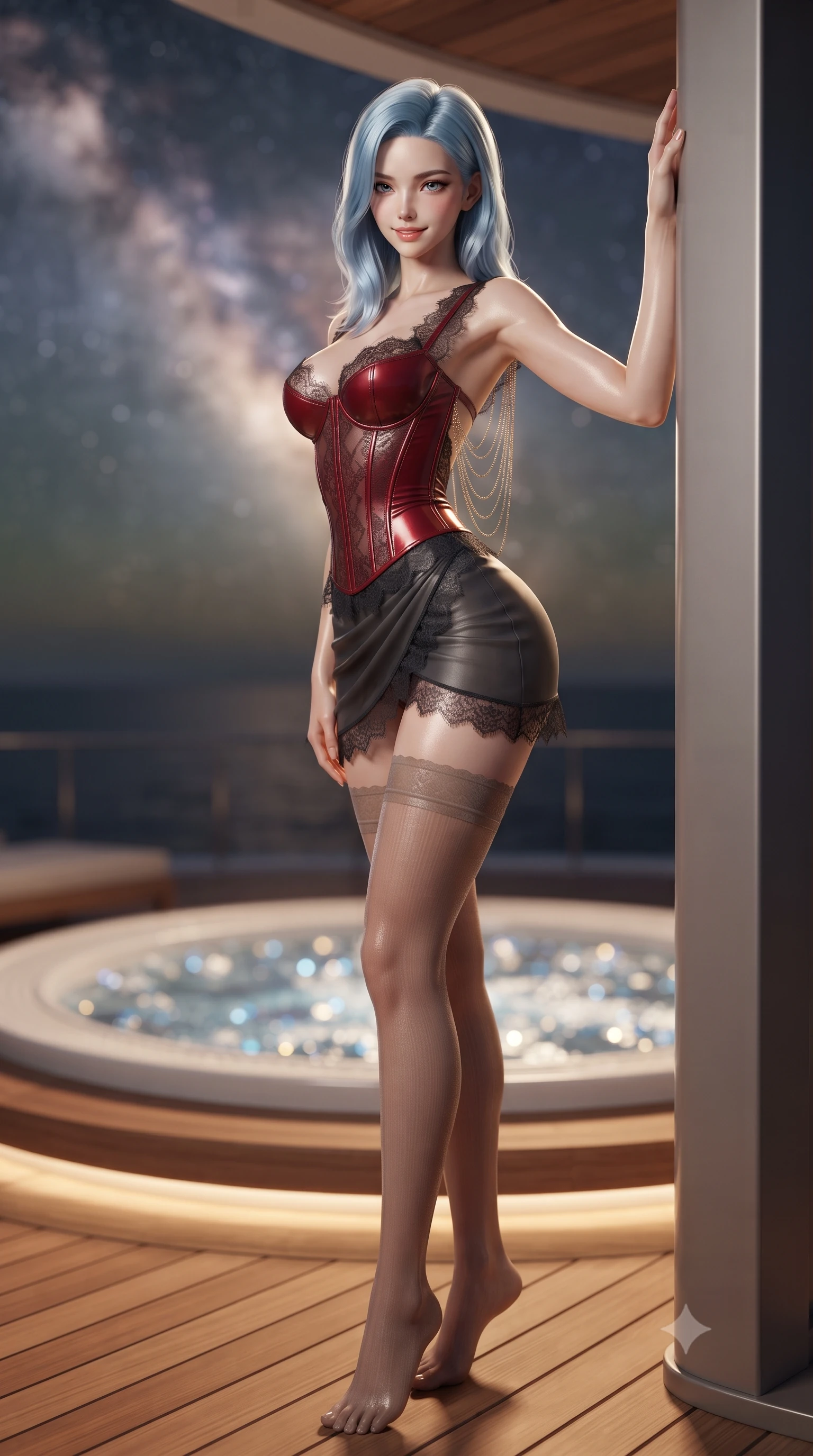 score_9, masterpiece, best quality, ultra-detailed, high-budget anime keyframe, editorial fashion photography, tasteful artistic composition, Korean woman. low angle full-body shot from head to toe showing her feet, filling the entire 9:16 vertical frame with her statuesque presence, stretching her vertical silhouette. standing tall beside the architectural column, one hand resting high while arching her lower back to emphasize her sculpted feminine hips and slender waist while standing poised on the teak skydeck beside the elevated circular hot tub, arching her back with breathless freedom under the open cosmos. The background shows a soft-focus the dense glowing ribbon of the Milky Way, open dark Caribbean ocean horizon, and bubbling spa water blurred into diamond, indigo, and gold bokeh. She has an absolutely perfect, statuesque 8.5-heads proportion, an exceptionally tall and slender model-like female figure with impossibly long slender legs, an ultra-slim waist, a flat toned midriff, narrow delicate ribcage, and beautifully sculpted feminine hips creating a graceful, slim hourglass silhouette without any bulky heaviness. sharp v-shaped jawline, high-bridge nose, sparkling eyes with hypnotic seductive depth, thick curled eyelashes, glossy parted lips with a natural dewy peach sheen, alluring bedroom-eyes with an enchanting coquettish smile, exuding magnetic siren charisma and sophisticated glamour, flawlessly proportioned anatomical accuracy, strict slender model proportions, natural body alignment, perfectly sculpted long slender limbs, ultra-slim waistline, clean dynamic posture without body distortion. wearing a structured boned leatherette corset bodice paired with an ultra-short micro-wrap mini skirt and sheer thigh-high stockings in rich cherry lacquer and smoky charcoal, made of delicate semi-sheer French Chantilly lace with intricate eyelash edges, accented with an open-back drape framed by falling strands of delicate gold chains, the glove-like clinging cut tightly following the natural contour of her hips and long slender legs with youthful 8.5-heads elegance. bathed in warm 3000K underwater tub illumination paired with celestial Caribbean starlight fill. ultra-reflective glossy finish, specular highlights, rich textural contrasts, high-contrast stereoscopic depth, volumetric dynamic lighting, 2k, ultra detail, master piece, 9:16 ratio