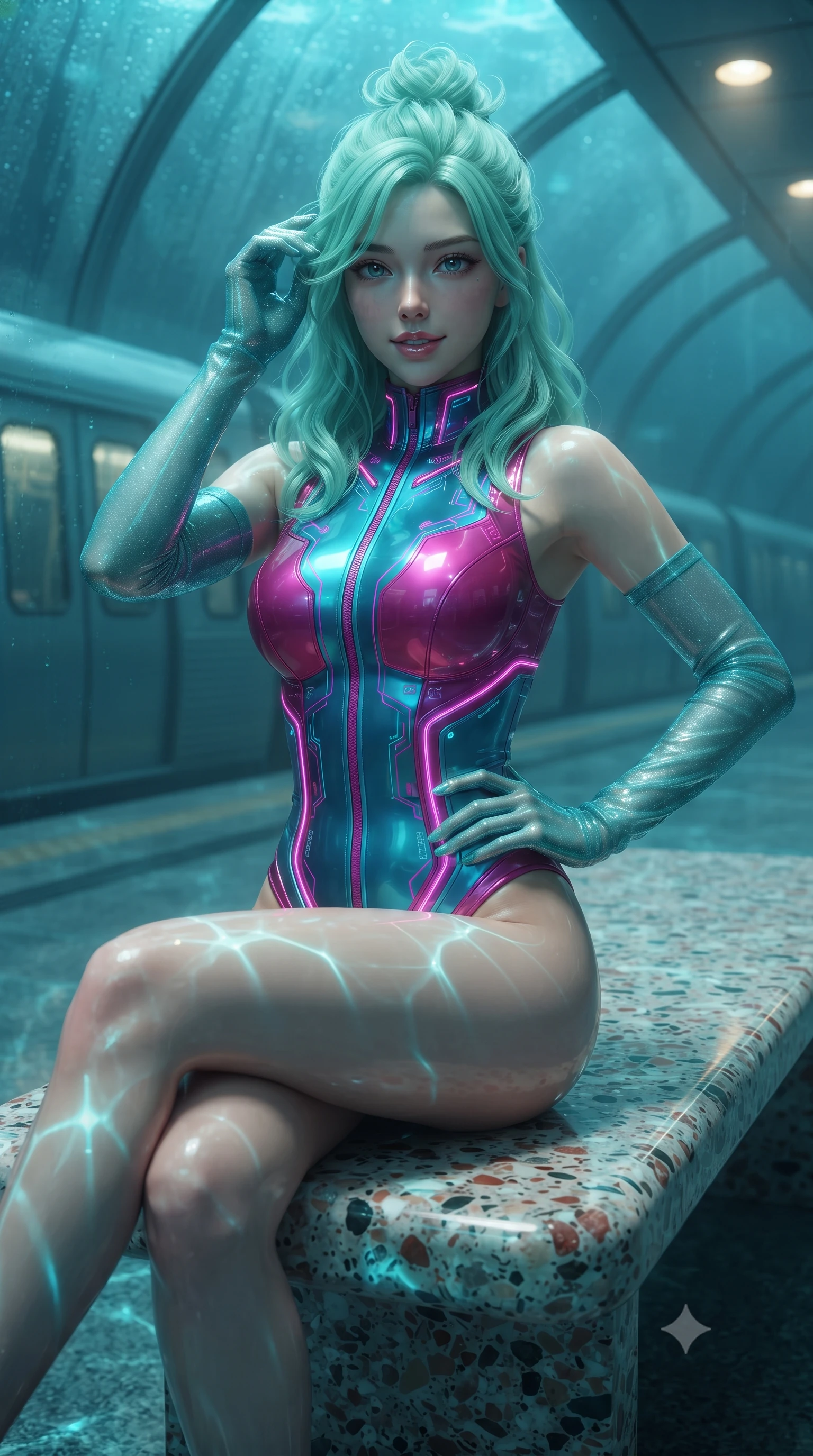 score_9, masterpiece, best quality, ultra-detailed, high-budget anime keyframe, editorial fashion photography, tasteful artistic composition, Japanese woman. close-up cowboy shot from the waist and thighs up, the character dominates the composition, filling the frame with her large presence. twisting her slender torso in an alluring contrapposto stance, one hand resting on her sculpted hip while her fingers toy with her hair with effortless poise while sitting gracefully on the polished terrazzo bench with legs crossed, flashing an enchanting smile with parted glossy lips. The background shows a soft-focus gentle condensation shimmer softened in submerged ultra-modern transit station shallow focus. She has an exceptionally elegant, slender, and willowy female figure with an ultra-slim waist, flat toned midriff, narrow ribcage, and sculpted feminine hips creating an alluring, slim hourglass silhouette without bulk. sharp v-shaped jawline, high-bridge nose, intricate jewel-like sparkling eyes with depth, thick eyelashes, glossy parted lips with a natural peach sheen, bright cheerful beaming smile with an enchanting and coquettish sensual glint, exuding both youthful cute charm and seductive allure, flawlessly proportioned anatomical accuracy, strict slender model proportions, natural body alignment, perfectly sculpted long slender limbs, ultra-slim waistline, clean dynamic posture without body distortion. wearing a sleek second-skin cyber-pilot bodysuit with high-gloss patent leather panels accentuating her ultra-slim waistline in Kowloon neon magenta and electric teal, made of fluid liquid jersey with seamless sculpting hold and smooth contours, complemented by sheer opera-length evening gloves tracing her slender arms, the form-contouring silhouette accentuating her sculpted flat midriff, narrow delicate ribcage, and gracefully curvy hips with intoxicating allure. bathed in brilliant underwater cyan caustic ribbons combined with warm 2800K platform recessed downlights. ultra-reflective glossy finish, specular highlights, rich textural contrasts, high-contrast stereoscopic depth, volumetric dynamic lighting, 2k, ultra detail, master piece, 9:16 ratio