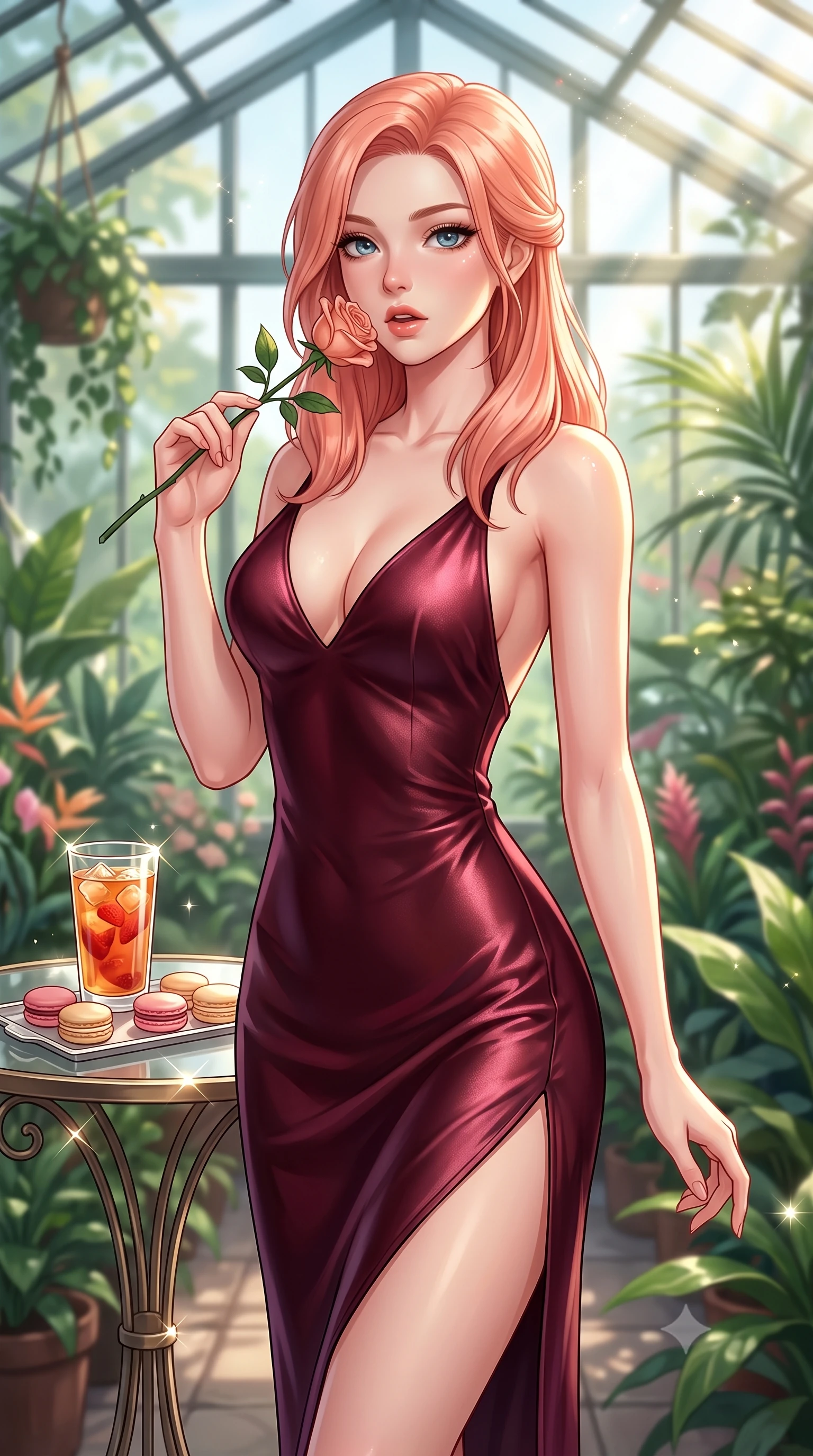 score_9, masterpiece, best quality, ultra-detailed, high-budget anime keyframe, editorial fashion photography, tasteful artistic composition, Japanese woman. close-up cowboy shot from the waist and thighs up, the character dominates the composition, filling the frame with her large presence, background elements kept in soft focus. gasping softly with a charming expression, holding a rose stem near her cheek with a magnetic stare set against a soft-focus background of inside an exclusive botanical greenhouse with a glass of iced fruit tea and delicate macaron pastries arranged on the table. She has an exceptionally elegant, slender, and willowy female figure with an ultra-slim waist, a gracefully sculpted slender torso, and a refined silhouette. sharp v-shaped jawline, high-bridge nose, intricate jewel-like eyes with depth, thick eyelashes, glossy lips with a natural sheen. wearing tailored deep burgundy metallic jersey open-back silk slip dress featuring a deep V-neckline and a leg-lengthening side slit featuring refined tailored seams. lit by crisp morning sun rays creating sparkling glints on polished glass and water. highly saturated vibrant anime colors, detailed shading with soft gradients, rich glossy textures, high-contrast stereoscopic depth, volumetric dynamic lighting, master piece, 9:16 ratio