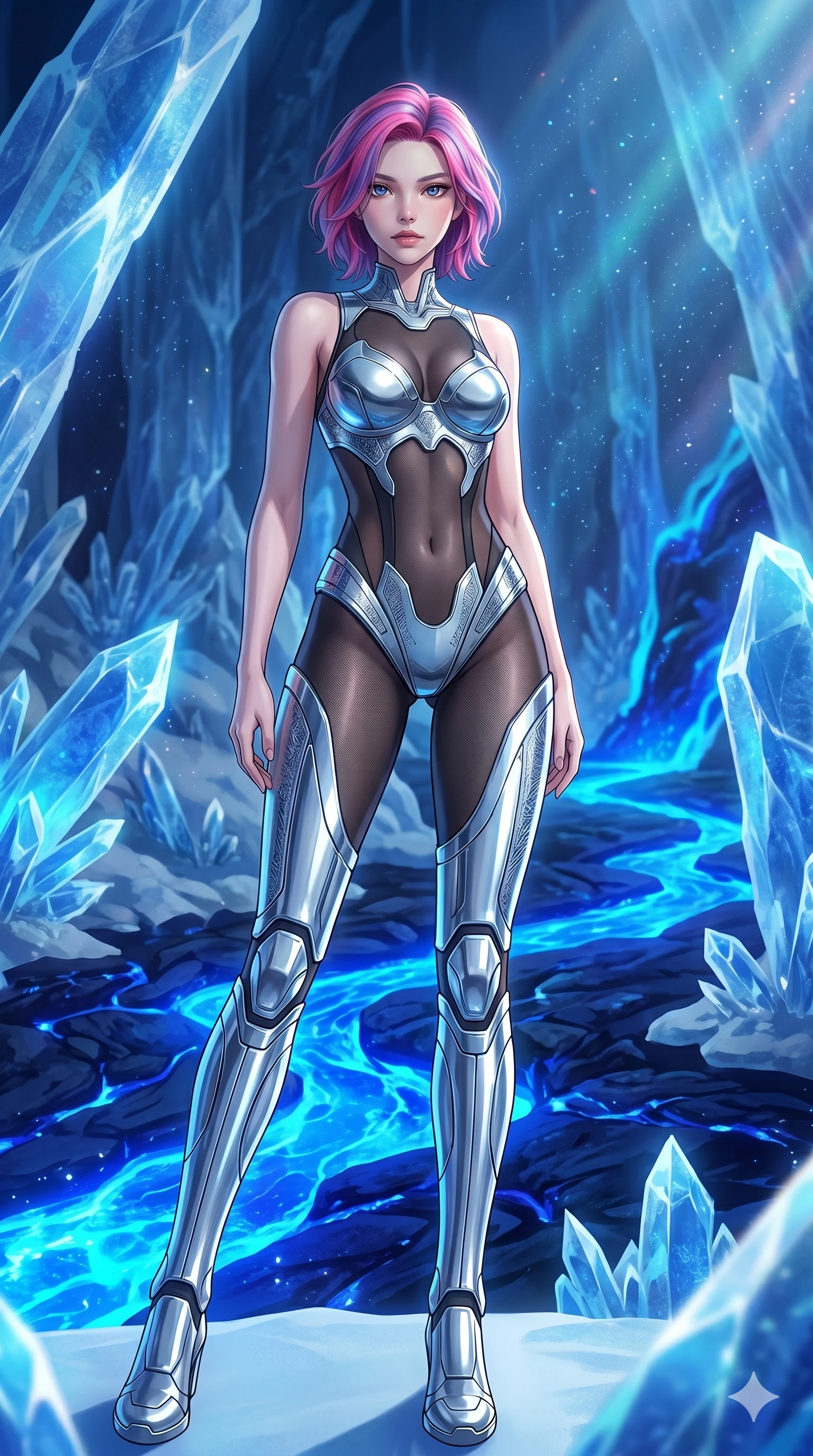score_9, masterpiece, best quality, ultra-detailed, high-budget anime keyframe, Korean woman. low angle full-body shot filling the entire 9:16 frame with her statuesque presence, stretching the vertical silhouette. forging in a prismatic ice-volcano temple where glowing cobalt-blue liquid magma flows between frozen blue ash crystals. She has an absolutely perfect 8-heads proportion, an exceptionally tall and slender female figure with impossibly long slender legs and an ultra-slim waist. V-shaped jawline, high-bridge nose, intricate jewel-like eyes with depth, thick eyelashes, glossy lips with a natural sheen.. wearing a bionic chrome plate bodysuit, featuring silver chrome plates covering the bust and hips, connected by sheer black mesh panels. illuminated by dramatic chiaroscuro casting soft shadows along her curves, with vibrant backlighting highlighting the dust particles. 2k, ultra detail, master piece, 9:16 ratio