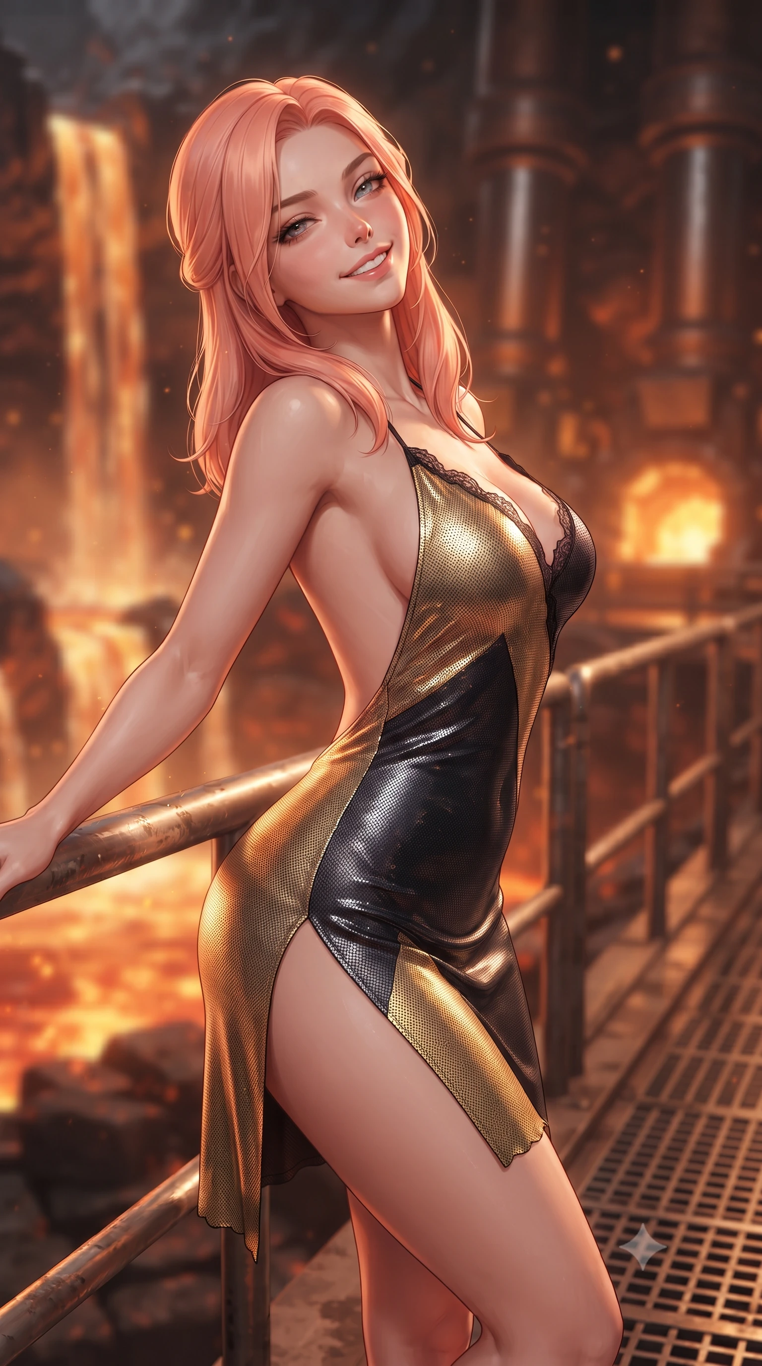 score_9, masterpiece, best quality, ultra-detailed, high-budget anime keyframe, editorial fashion photography, tasteful artistic composition, Japanese woman. close-up cowboy shot from the waist and thighs up, the character dominates the composition, filling the frame with her large presence. leaning back against the balustrade with relaxed seductive grace, head tilted back slightly while casting a hypnotic, heavy-lidded gaze while standing poised on the heavy grated catwalk above cascading molten slag waterfalls inside the active volcanic caldera, arching her lower back with sovereign combat poise as automated hydraulic presses slam into white-hot titanium. The background shows a soft-focus cascading waterfalls of molten liquid slag, glowing orange forge furnaces, and massive hydraulic piston exhausts blurred into amber, copper, and ruby bokeh. She has an exceptionally elegant, slender, and willowy female figure with an ultra-slim waist, flat toned midriff, narrow ribcage, and sculpted feminine hips creating an alluring, slim hourglass silhouette without bulk. sharp v-shaped jawline, high-bridge nose, intricate jewel-like sparkling eyes with depth, thick eyelashes, glossy parted lips with a natural peach sheen, bright cheerful beaming smile with an enchanting and coquettish sensual glint, exuding both youthful cute charm and seductive allure, flawlessly proportioned anatomical accuracy, strict slender model proportions, natural body alignment, perfectly sculpted long slender limbs, ultra-slim waistline, clean dynamic posture without body distortion. wearing an alluring backless metallic lamé combat halter mini dress with deep open back down to her lower spine and thigh-high slit in solar-wind gold and deep space void black, crafted from stretch micro-mesh with liquid foil coating that shimmers with every movement, finished with scalloped eyelash lace trim framing her sweetheart neckline with intimate elegance, the liquid-tight tailored fabric clinging flawlessly to her narrow waist and rounded feminine hips, emphasizing every millimeter of her sculpted slim hourglass curves without any bulky heaviness. illuminated by molten slag reflection bounce and sharp copper-gold rim lights sculpting her razor-sharp jawline, narrow waist, and curvy hips. ultra-reflective glossy finish, specular highlights, rich textural contrasts, high-contrast stereoscopic depth, volumetric dynamic lighting, 2k, ultra detail, master piece, 9:16 ratio