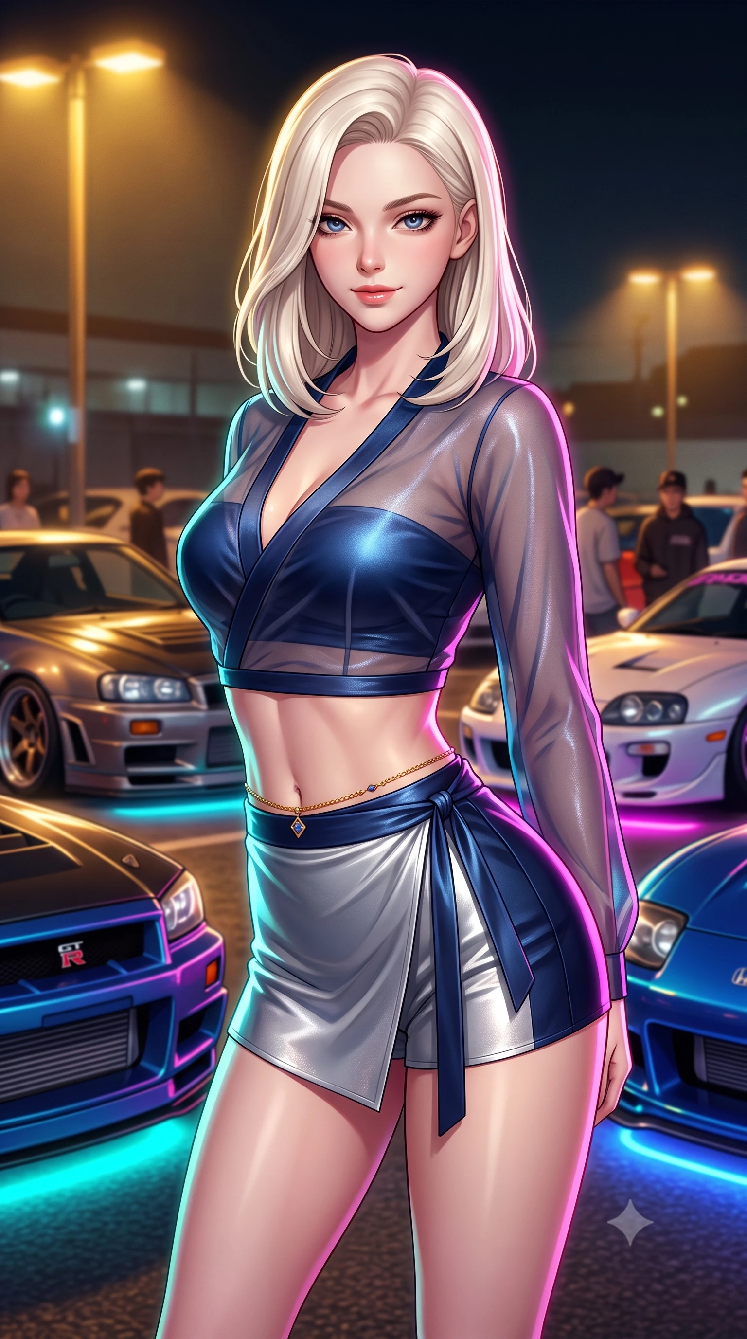 score_9, masterpiece, best quality, ultra-detailed, high-budget anime keyframe, semi-realistic 3D game render, editorial fashion photography, tasteful artistic composition, Caucasian woman. close-up cowboy shot from the waist and thighs up, the character dominates the composition, filling the frame with her large presence. leaning forward while arching her lower back to accentuate her curvy hips, looking into the camera with an intoxicating smoldering gaze and bedroom-eyes while twisting her slender torso in an alluring S-curve, sodium parking lights and car underglow tracing her narrow waist and curvy hips. The background shows a soft-focus gathering car enthusiasts softened in legendary Japanese automotive shallow focus. She has an exceptionally elegant, slender, and willowy female figure with an ultra-slim waist, flat toned midriff, narrow ribcage, and sculpted feminine hips creating an alluring, slim hourglass silhouette without bulk. sharp v-shaped jawline, high-bridge nose, sparkling eyes with hypnotic seductive depth, thick curled eyelashes, glossy parted lips with a natural dewy peach sheen, alluring bedroom-eyes with an enchanting coquettish smile, exuding magnetic siren charisma and sophisticated glamour, flawlessly proportioned anatomical accuracy, strict slender model proportions, natural body alignment, perfectly sculpted long slender limbs, ultra-slim waistline, clean dynamic posture without body distortion. wearing a deep V-neck sheer gossamer hanbok blouse layered over an opaque silk bandeau and high-waisted wrap shorts in metallic liquid silver and deep sapphire navy, made of delicate semi-sheer Korean gossamer organza with subtle pearlescent glints, finished with a dainty gold belly chain resting across her flat midriff and curving hips, the second-skin tailored fabric adhering flawlessly to her sculpted flat midriff and slender torso, emphasizing her long leg lines and perfectly proportioned willowy build. bathed in warm industrial sodium-vapor parking floodlights mixed with vibrant car neon underglow. highly saturated vibrant anime colors, detailed shading with soft gradients, rich glossy textures, high-contrast stereoscopic depth, volumetric dynamic lighting, master piece, 9:16 ratio