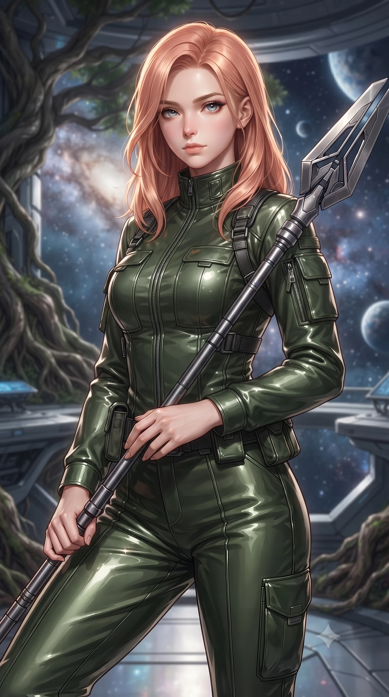 score_9, masterpiece, best quality, ultra-detailed, high-budget anime keyframe, editorial fashion photography, tasteful artistic composition, Japanese woman. close-up cowboy shot from the waist and thighs up, the character dominates the composition, filling the frame with her large presence, background elements kept in soft focus. holding a deactivated nanotech glaive, looking past the camera with quiet, sharp focus and a composed expression, the background shows a soft-focus a banyan tree observatory platform looking out at a galaxy nebula in stardust. She has an exceptionally elegant, slender, and willowy female figure with an ultra-slim waist, a gracefully sculpted slender torso, and a refined silhouette. sharp v-shaped jawline, high-bridge nose, intricate jewel-like eyes with depth, thick eyelashes, glossy lips with a natural sheen. wearing a form-contouring protective combat pilot jacket in deep olive green, featuring a high collar, utility pockets, and straight-fit trousers. soft silver starlight wrapping her statuesque posture in a quiet, solemn mood. ultra-reflective glossy finish, specular highlights, metallic sheen, high-contrast stereoscopic depth, volumetric dynamic lighting, 2k, ultra detail, master piece, 9:16 ratio