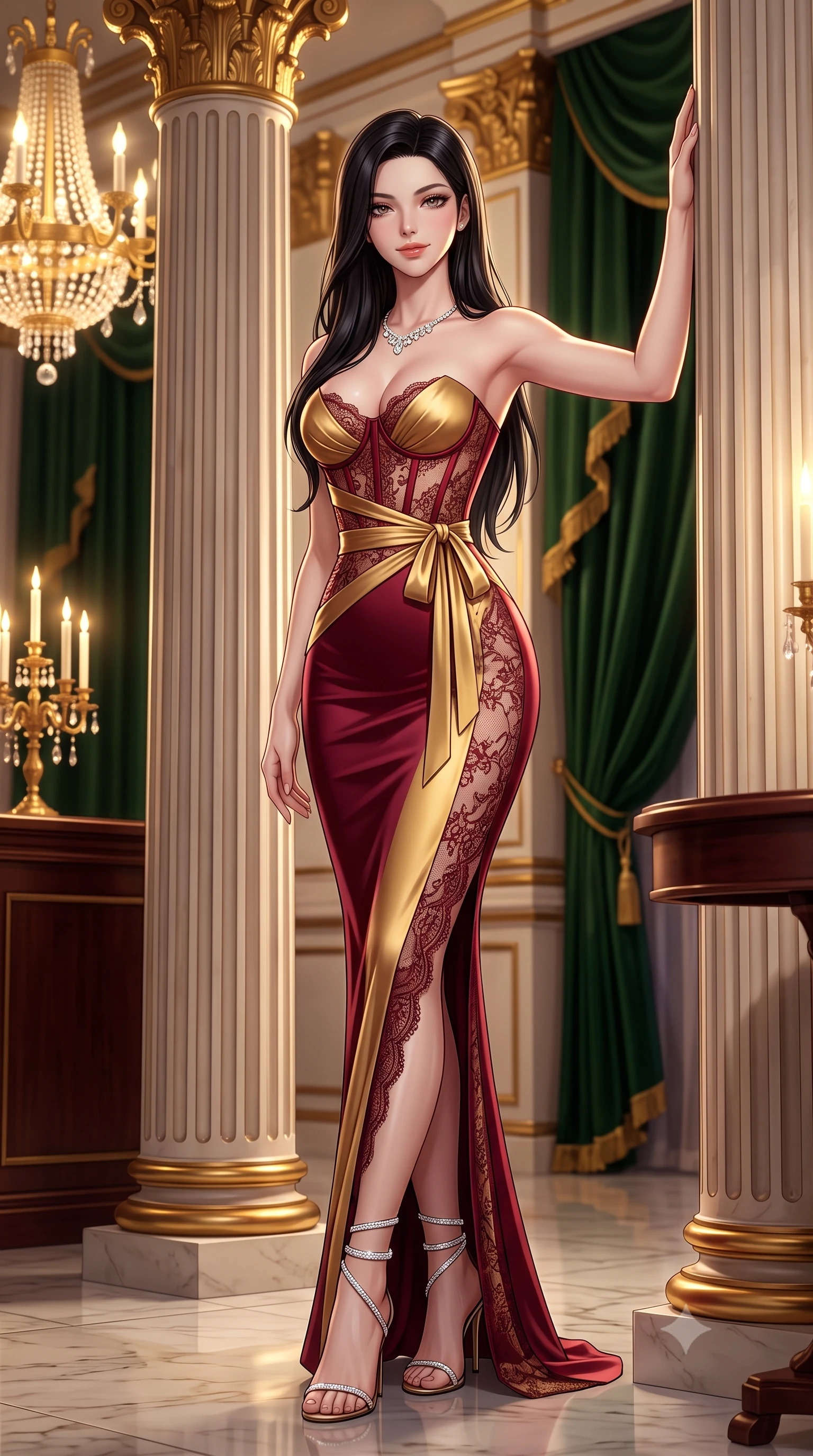 score_9, masterpiece, best quality, ultra-detailed, high-budget anime keyframe, semi-realistic 3D game render, editorial fashion photography, tasteful artistic composition, Korean woman. low angle full-body shot from head to toe showing her feet, filling the entire 9:16 vertical frame with her statuesque presence, stretching her vertical silhouette. standing tall beside the architectural column, one hand resting high while arching her lower back to emphasize her sculpted feminine hips and slender waist while twisting her slender torso in an alluring contrapposto stance, glittering gold chandeliers and deep green velvet reflections sculpting her curves. The surrounding environment is rendered in vivid detail and crisp panoramic clarity: detailed strapless boned corset gown weave, diamond riviere necklace sparkle, and Belle Époque palace interiors in razor-sharp precision. She has an absolutely perfect, statuesque 8.5-heads proportion, an exceptionally tall and slender model-like female figure with impossibly long slender legs, an ultra-slim waist, a flat toned midriff, narrow delicate ribcage, and beautifully sculpted feminine hips creating a graceful, slim hourglass silhouette without any bulky heaviness. sharp v-shaped jawline, high-bridge nose, sparkling eyes with hypnotic seductive depth, thick curled eyelashes, glossy parted lips with a natural dewy peach sheen, alluring bedroom-eyes with an enchanting coquettish smile, exuding magnetic siren charisma and sophisticated glamour, flawlessly proportioned anatomical accuracy, strict slender model proportions, natural body alignment, perfectly sculpted long slender limbs, ultra-slim waistline, clean dynamic posture without body distortion. wearing a structured boned satin corset bodice with obi-inspired wrap ribbon cinching her ultra-slim waistline in Belle Époque bordeaux and gilded 24k gold, made of delicate semi-sheer French Chantilly lace with intricate eyelash edges, complemented by strappy stiletto sandals with crystal ankle wraps accentuating her slender calves, the liquid-tight tailored fabric clinging flawlessly to her narrow waist and rounded feminine hips, emphasizing every millimeter of her sculpted slim hourglass curves without any bulky heaviness. illuminated by mahogany table surface bounce and sharp royal-gold rim lights defining her razor-sharp jawline, narrow waist, and curvy hips. highly saturated vibrant anime colors, detailed shading with soft gradients, rich glossy textures, high-contrast stereoscopic depth, volumetric dynamic lighting, master piece, 9:16 ratio
