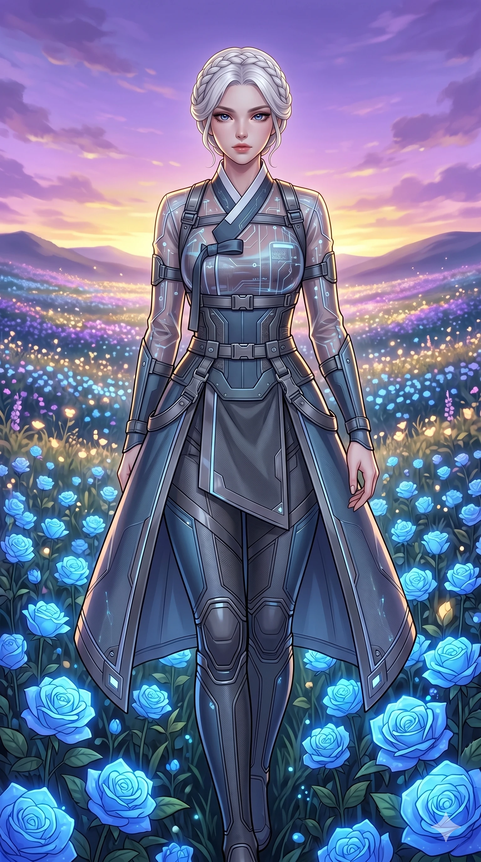 score_9, masterpiece, best quality, ultra-detailed, Set C: High-budget Anime Keyframe, Korean woman. Upper body close-up from the thighs up, character filling the screen for maximum presence. Walking through a field of blue roses under a lavender sky. She has an absolutely perfect 8-heads proportion, an exceptionally tall and slender female figure with an slender waist and ethereal beauty. Sharp v-shaped jawline, high-bridge nose, intricate jewel-like eyes with depth, thick eyelashes, glossy lips. Wearing a Modern Traditional outfit: tech-hanbok with transparent panels and metallic straps. Background is a bright and colorful meadow with glowing flowers and a vibrant purple sunset. 2k, ultra detail, master piece, 9:16 ratio