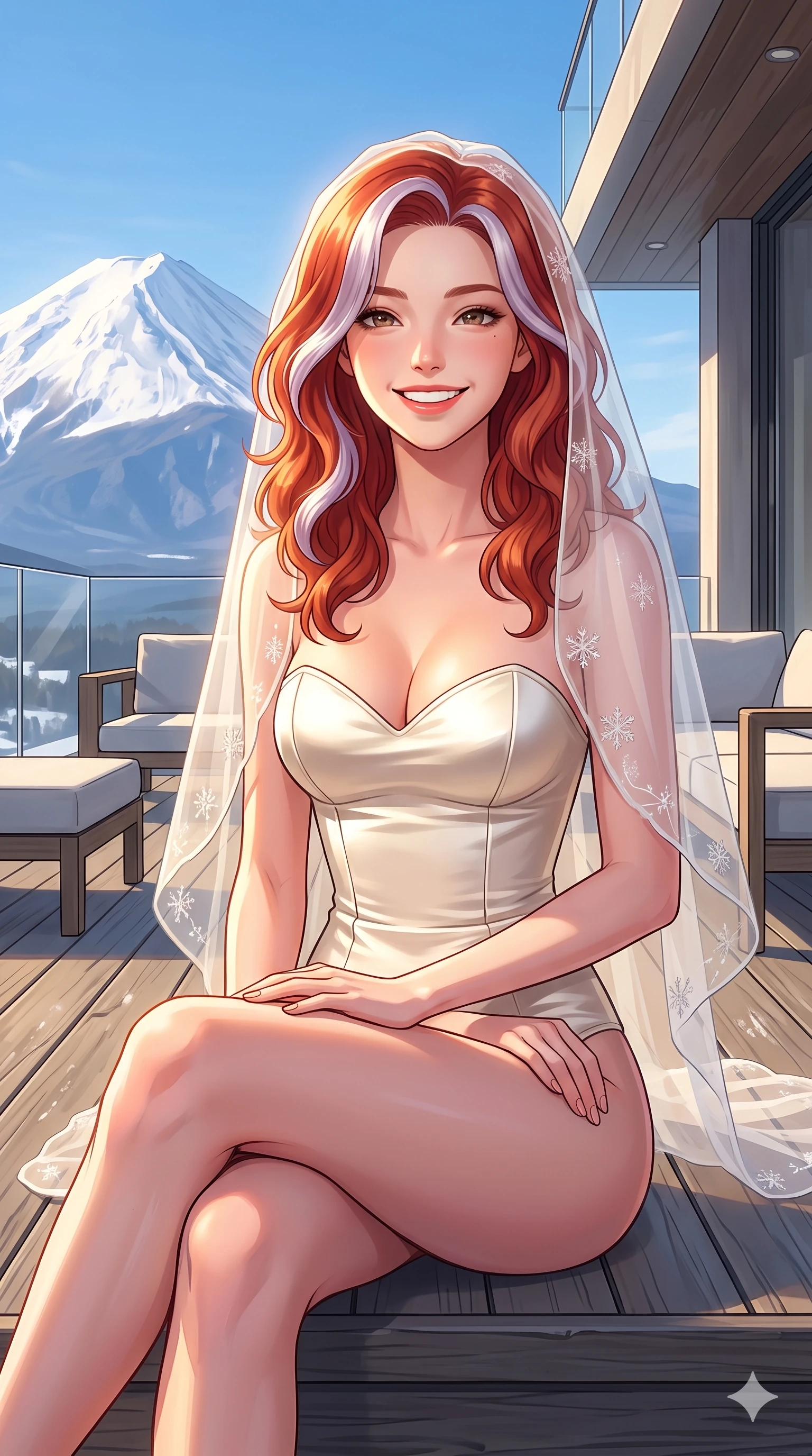 score_9, masterpiece, best quality, ultra-detailed, high-budget anime keyframe, vibrant anime aesthetic, Caucasian woman, strictly human ears. cowboy shot from the thighs up, character and outfit filling the frame for maximum presence. She is sitting on the ski deck, smiling brightly with a relaxed, happy winter expression inside a minimalist villa patio overlooking the snow peak (Code-P21-168). She has an absolutely perfect 8-heads proportion, an exceptionally tall and slender female figure with impossibly long slender legs and an ultra-slim waist. V-shaped jawline, high-bridge nose, intricate jewel-like eyes with depth, thick eyelashes, glossy lips with a natural sheen. wearing a structured satin structured bodice with a sweetheart neckline and a delicate veil in winter. She is bathed in a luminous, warm sunshine highlighting her winter silhouette and features. 2k, ultra detail, master piece, 9:16 ratio