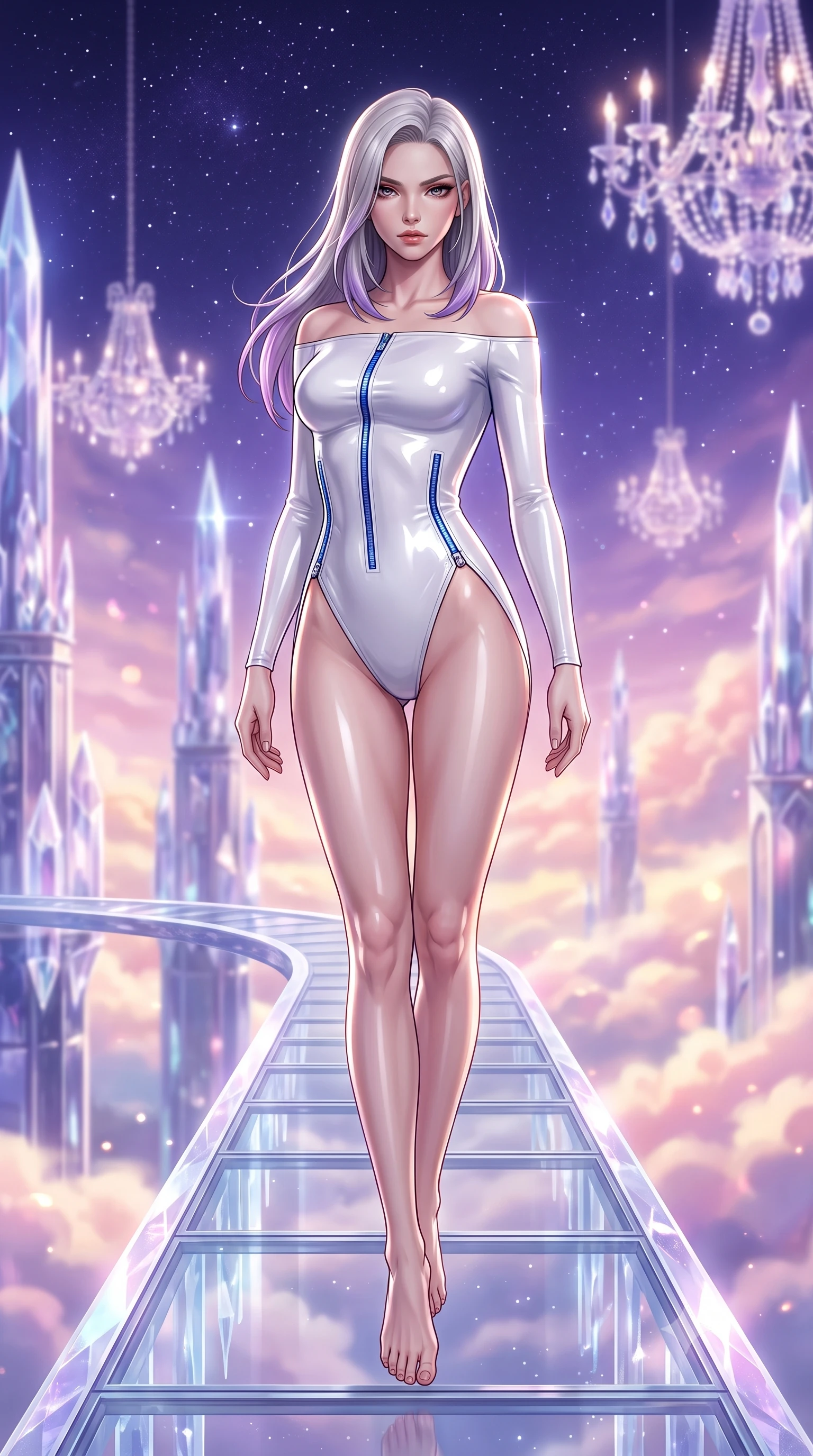 score_9, masterpiece, best quality, ultra-detailed, high-budget anime keyframe, semi-realistic 3D game render, editorial fashion photography, tasteful artistic composition, Caucasian woman. low angle full-body shot from head to toe showing her feet, filling the entire 9:16 vertical frame with her statuesque presence, stretching her vertical silhouette. performing an alluring mid-air vault with flawless poise, looking directly into the camera with smoldering intensity while stepping along a floating glass promenade connecting celestial towers under a violet starlit sky. The composition keeps background elements in soft focus with creamy bokeh. billowing pink and gold twilight clouds and floating crystal chandeliers blurred into dreamy pastel bokeh. She has an absolutely perfect, statuesque 8.5-heads proportion, an exceptionally tall and slender model-like female figure with impossibly long slender legs, a toned flat midriff, and an ultra-slim waist. sharp v-shaped jawline, high-bridge nose, intricate jewel-like eyes with depth, thick eyelashes, glossy lips with a natural sheen, flawlessly proportioned anatomical accuracy, strict slender model proportions, natural body alignment, perfectly sculpted long slender limbs, ultra-slim waistline, clean dynamic posture without body distortion. wearing a glossy white second-skin latex bodysuit with high-thigh cuts, exposed clavicle neckline, and gleaming zipper details in liquid electric cobalt blue and polished silver, crafted from ultra-reflective second-skin latex with a high-gloss glass-like polish, finished with an ultra-high side slit secured by miniature magnetic clasps, the form-contouring material adhering flawlessly to her sculpted flat midriff and slender torso, emphasizing her long leg lines and perfectly proportioned willowy build. illuminated by crisp starlight rim highlights sharply outlining her ultra-slim waist and long legs. highly saturated vibrant anime colors, detailed shading with soft gradients, rich glossy textures, high-contrast stereoscopic depth, volumetric dynamic lighting, master piece, 9:16 ratio