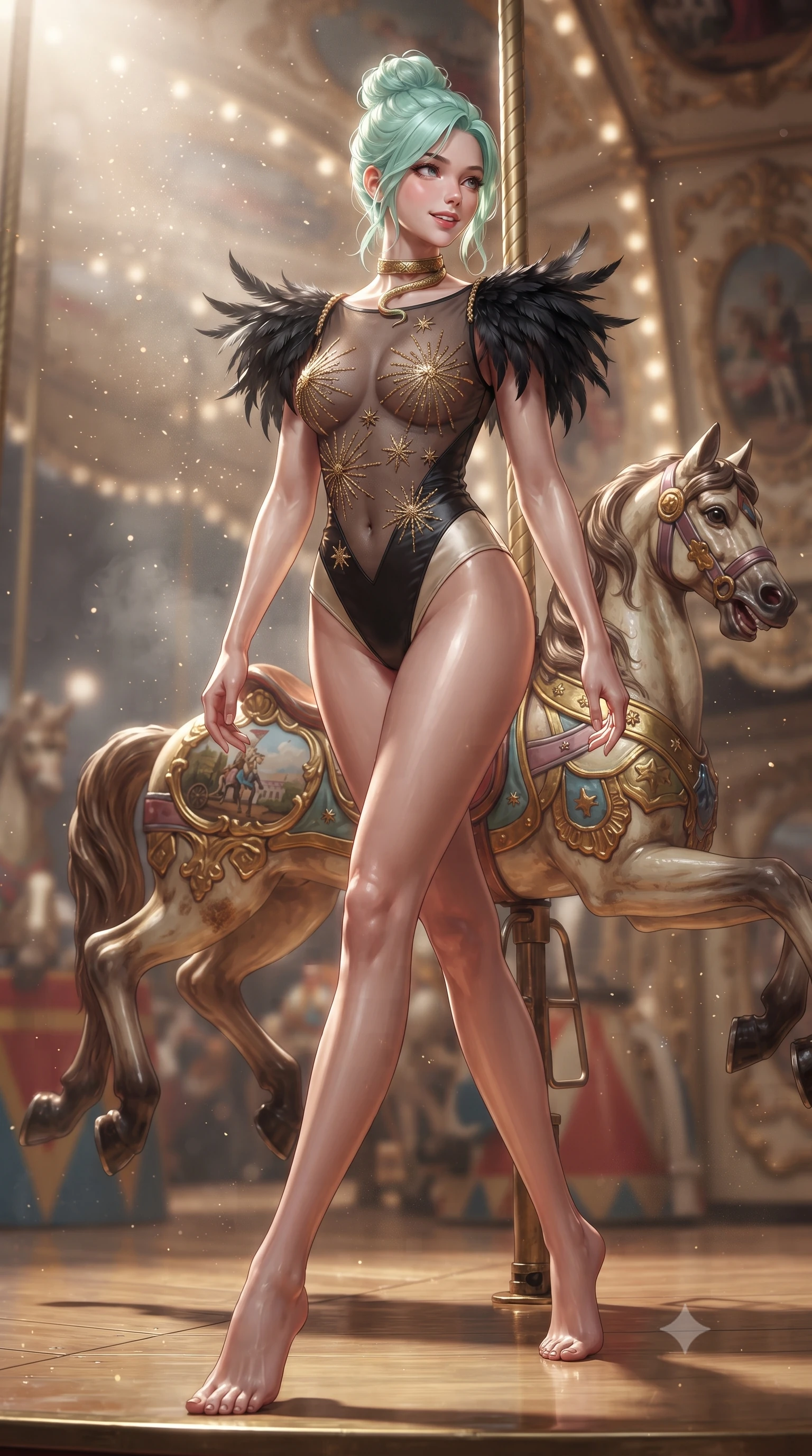 score_9, masterpiece, best quality, ultra-detailed, high-budget anime keyframe, editorial fashion photography, tasteful artistic composition, Japanese woman. low angle full-body shot from head to toe showing her feet, filling the entire 9:16 vertical frame with her statuesque presence, stretching her vertical silhouette. striding forward in a proud supermodel runway stride, hips swaying in an alluring kinetic rhythm that accentuates her curvy hourglass silhouette while perching sideways on the saddle of an antique carousel horse, looking back over a bare shoulder with an intoxicating, teasing smile. The composition keeps background elements in soft focus with creamy bokeh. drifting stage haze and floating glitter particles catching spotlight rays across the arena. She has an absolutely perfect, statuesque 8.5-heads proportion, an exceptionally tall and slender model-like female figure with impossibly long slender legs, a toned flat midriff, an ultra-slim waist, and beautifully sculpted feminine hips. sharp v-shaped jawline, high-bridge nose, intricate jewel-like eyes with depth, thick eyelashes, glossy parted lips with a natural sheen, intensely captivating and seductive bedroom-eyes expression, flawlessly proportioned anatomical accuracy, strict slender model proportions, natural body alignment, perfectly sculpted long slender limbs, ultra-slim waistline, clean dynamic posture without body distortion. wearing a sheer vintage mesh acrobat leotard adorned with gold starburst embroidery over opaque silk in vintage champagne ivory and black satin, crafted from luxurious metallic lamé that shifts radiance with every step, complemented by dramatic black ostrich shoulder epaulets and a gold serpent choker, the liquid-tight tailored fabric clinging flawlessly to her narrow waist and rounded feminine hips, emphasizing every millimeter of her sculpted hourglass curves during movement. surrounded by an eccentric, spellbinding, and dangerously seductive circus queen aura. ultra-reflective glossy finish, specular highlights, rich textural contrasts, high-contrast stereoscopic depth, volumetric dynamic lighting, 2k, ultra detail, master piece, 9:16 ratio