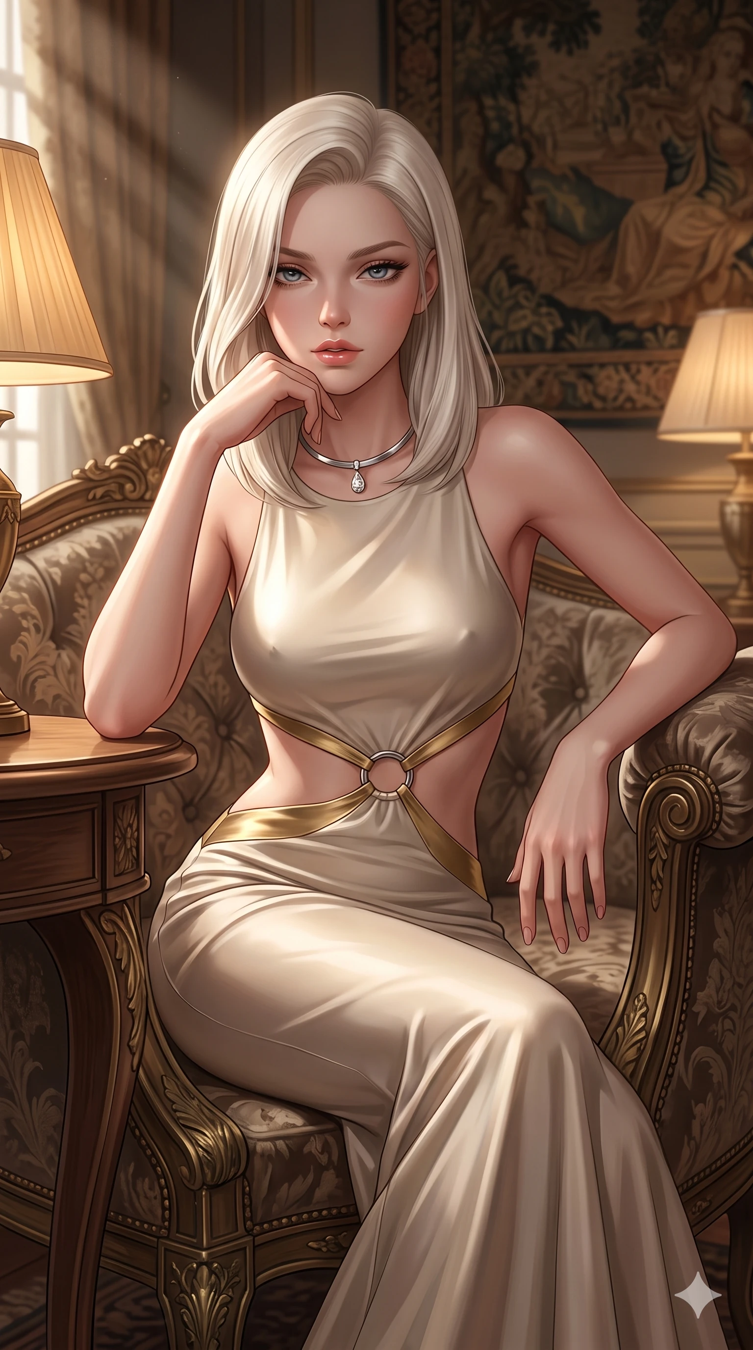 score_9, masterpiece, best quality, ultra-detailed, high-budget anime keyframe, semi-realistic 3D game render, editorial fashion photography, tasteful artistic composition, Caucasian woman. close-up cowboy shot from the waist and thighs up, the character dominates the composition, filling the frame with her large presence. resting one elbow on the table and supporting her chin, leaning close to the camera with heavy-lidded sparkling eyes and parted lips while resting one elbow on the carved settee armrest and supporting her chin, leaning close to the camera with heavy-lidded smoldering bedroom-eyes. The surrounding environment is rendered in vivid detail and crisp panoramic clarity: sharp damask fabric weave texture, aged bronze patina on settee legs, and fine tapestry thread details in deep focus. She has an exceptionally elegant, slender, and willowy female figure with an ultra-slim waist, flat toned midriff, narrow ribcage, and sculpted feminine hips creating an alluring, slim hourglass silhouette without bulk. sharp v-shaped jawline, high-bridge nose, intricate jewel-like sparkling eyes with depth, thick eyelashes, glossy parted lips with a natural sheen, intensely captivating and seductive bedroom-eyes expression, exuding both youthful cute charm and sovereign luxury allure, flawlessly proportioned anatomical accuracy, strict slender model proportions, natural body alignment, perfectly sculpted long slender limbs, ultra-slim waistline, clean dynamic posture without body distortion. wearing a sculptured liquid-satin mermaid gown with an architectural open-waist cutout and bare spine in Istrian stone cream and antique gold-leaf, adorned with delicate chrome ring hardware and cutouts along her slender waist, finished with a minimalist chrome choker and a single teardrop diamond pendant, the form-contouring material adhering flawlessly to her sculpted flat midriff and slender torso, emphasizing her long leg lines and perfectly proportioned willowy build. bathed in the soft, intimate warm 2700K ambient light of silk-shaded table lamps mixed with angled window sunbeams. highly saturated vibrant anime colors, detailed shading with soft gradients, rich glossy textures, high-contrast stereoscopic depth, volumetric dynamic lighting, master piece, 9:16 ratio