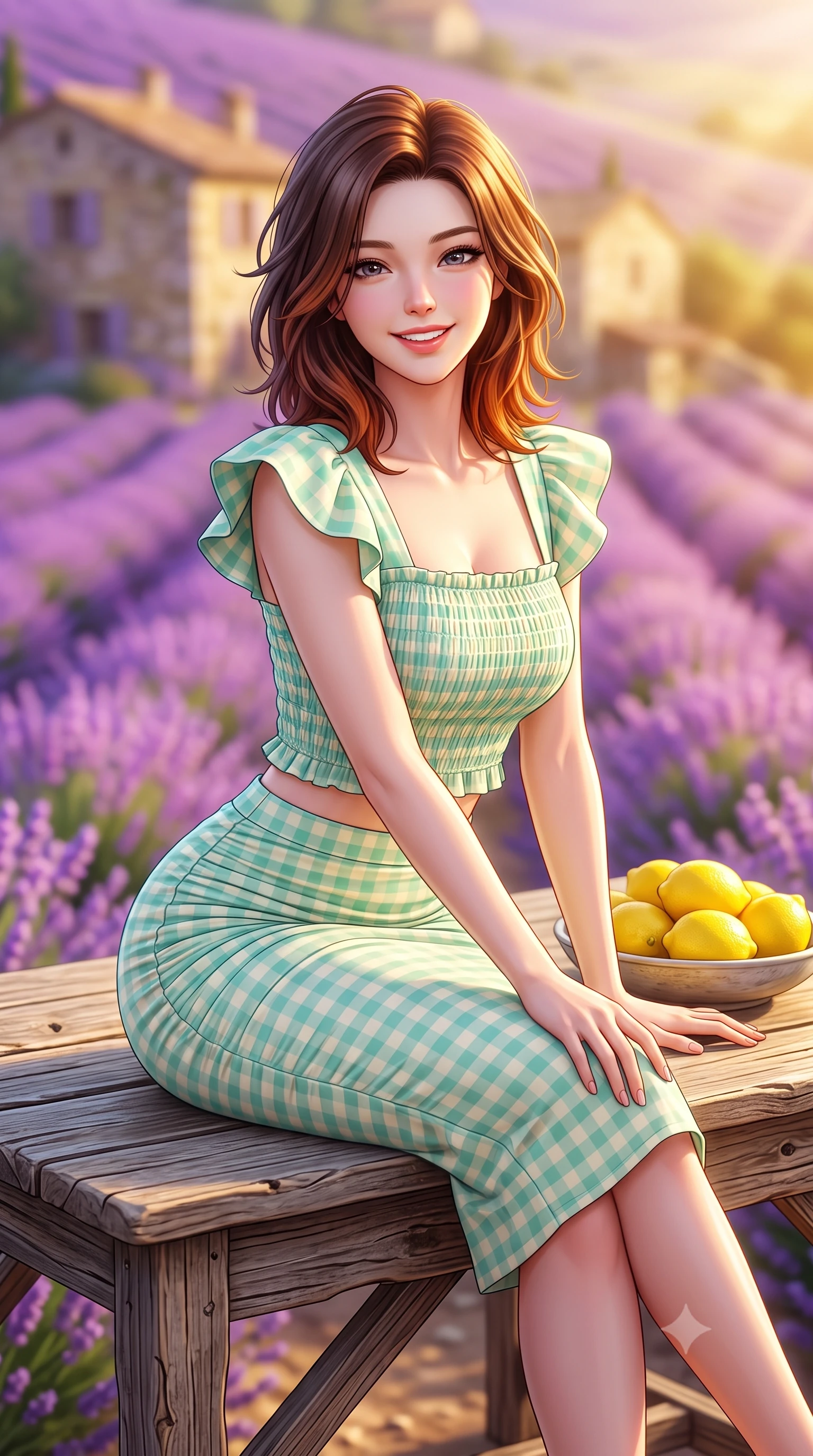 score_9, masterpiece, best quality, ultra-detailed, high-budget anime keyframe, semi-realistic 3D game render, editorial fashion photography, tasteful artistic composition, Korean woman. close-up cowboy shot from the waist and thighs up, the character dominates the composition, filling the frame with her large presence. leaning forward with playful cute grace while arching her lower back to accentuate her curvy hips, looking into the camera with a bright cheerful smile and alluring coquettish bedroom-eyes while sitting perched on a weathered wooden table beside a bowl of fresh yellow lemons, her long slender legs and curvy hips framed by blooming fields. The composition keeps background elements in soft focus with dreamy creamy bokeh. undulating purple lavender rows and ancient stone farmhouses blurred into radiant violet, lilac, and golden honey bokeh. She has an exceptionally elegant, slender, and willowy female figure with an ultra-slim waist, flat toned midriff, narrow ribcage, and sculpted feminine hips creating an alluring, slim hourglass silhouette without bulk. sharp v-shaped jawline, high-bridge nose, intricate jewel-like sparkling eyes with depth, thick eyelashes, glossy parted lips with a natural peach sheen, bright cheerful beaming smile with an enchanting and coquettish sensual glint, exuding both youthful cute charm and seductive allure, flawlessly proportioned anatomical accuracy, strict slender model proportions, natural body alignment, perfectly sculpted long slender limbs, ultra-slim waistline, clean dynamic posture without body distortion. wearing a fitted square-neck smocked crop top paired with a curve-hugging ruched mermaid midi skirt in refreshing mint green and soft vanilla cream, tailored from crisp cotton poplin with clean structural lines, featuring elegant flutter sleeves and a graceful square neckline, the glove-like silhouette tightly following the natural contour of her hips and long slender legs with youthful 8.5-heads elegance. bathed in brilliant golden hour southern French sunlight streaming across the purple hillside. highly saturated vibrant anime colors, detailed shading with soft gradients, rich glossy textures, high-contrast stereoscopic depth, volumetric dynamic lighting, master piece, 9:16 ratio