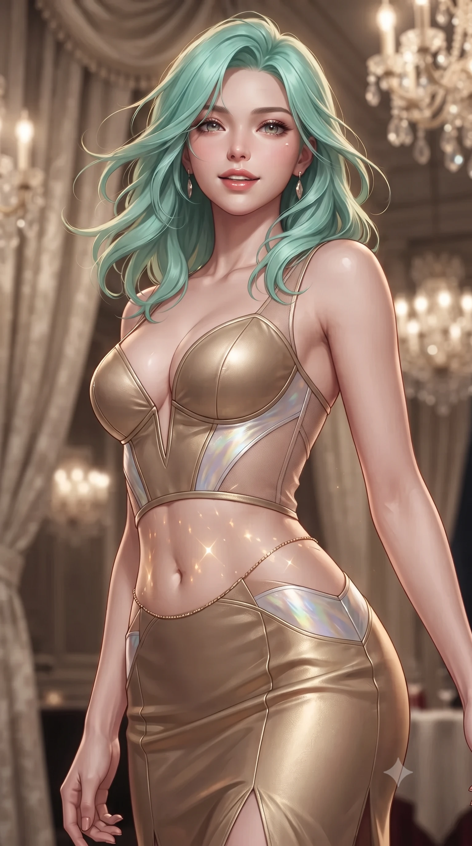 score_9, masterpiece, best quality, ultra-detailed, high-budget anime keyframe, editorial fashion photography, tasteful artistic composition, Japanese woman. close-up cowboy shot from the waist and thighs up, the character dominates the composition, filling the frame with her large presence. turning slowly with an enchanting smoldering smile, her glossy hair tossing in the breeze as her hips angle gracefully in a captivating contrapposto while twisting her slender torso in an alluring S-curve, warm crystal chandelier facets casting diamond sparks across her flat midriff and hips. The background shows a soft-focus heavy cream silk damask curtains softened in high-society French casino shallow focus. She has an exceptionally elegant, slender, and willowy female figure with an ultra-slim waist, flat toned midriff, narrow ribcage, and sculpted feminine hips creating an alluring, slim hourglass silhouette without bulk. sharp v-shaped jawline, high-bridge nose, intricate jewel-like sparkling eyes with depth, thick eyelashes, glossy parted lips with a natural peach sheen, bright cheerful beaming smile with an enchanting and coquettish sensual glint, exuding both youthful cute charm and seductive allure, flawlessly proportioned anatomical accuracy, strict slender model proportions, natural body alignment, perfectly sculpted long slender limbs, ultra-slim waistline, clean dynamic posture without body distortion. wearing an alluring plunging sweetheart bustier dress with sheer mesh side-waist cutouts contouring her ribs in iridescent mother-of-pearl and liquid molten silver, woven from buttery-soft stretch lambskin leather adhering to her body like a second skin, accented with a dainty gold belly chain resting across her flat midriff and curving hips, the precision-cut side openings and low-back scoop framing her graceful spine and the sensual sweep of her slim, toned hips. illuminated by mirror reflection fill and sharp champagne-gold rim lights sculpting her jawline, narrow waist, and curvy hips. ultra-reflective glossy finish, specular highlights, rich textural contrasts, high-contrast stereoscopic depth, volumetric dynamic lighting, 2k, ultra detail, master piece, 9:16 ratio