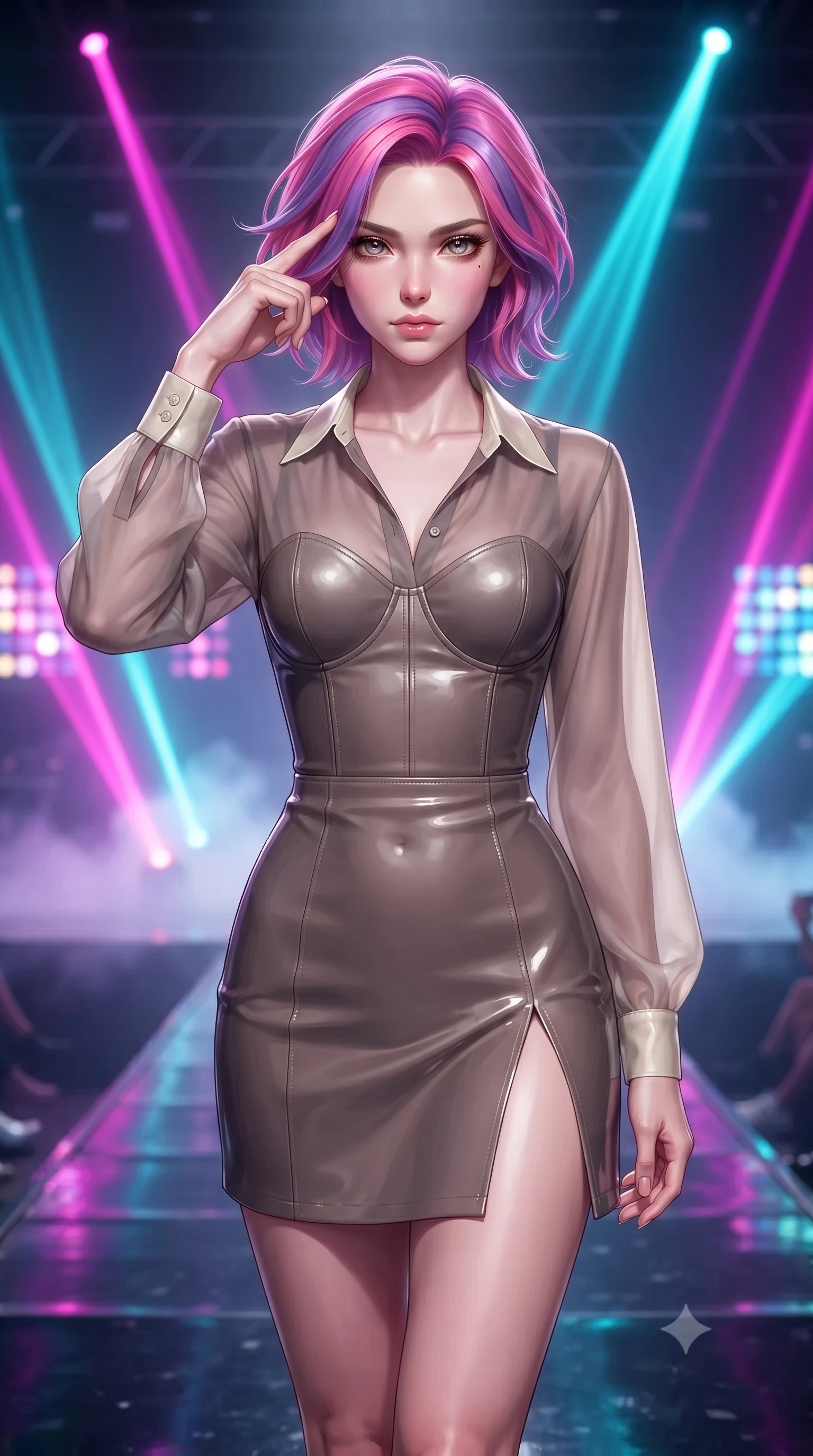 score_9, masterpiece, best quality, ultra-detailed, high-budget anime keyframe, editorial fashion photography, tasteful artistic composition, Caucasian woman. close-up cowboy shot from the waist and thighs up, the character dominates the composition, filling the frame with her large presence, background elements kept in soft focus. Pressing two fingers to her temple in a composed thoughtful gesture with an air of magnetic charisma walking down a shiny dark stage catwalk under pulsing multi-color LED arrays, intense volumetric laser beams cutting through stage fog in magenta and cyan. She has an exceptionally elegant, slender, and willowy female figure with an ultra-slim waist, a gracefully sculpted slender torso, and a refined silhouette. sharp v-shaped jawline, high-bridge nose, intricate jewel-like eyes with depth, thick eyelashes, glossy lips with a natural sheen. wearing a tailored leather bustier over a sheer silk chiffon blouse in muted taupe and soft ivory, tailored from high-gloss patent leather, finished with a sleek side slit ascending to mid-thigh, the sleek second-skin texture accentuating her magnetic presence. surrounded by an electric, high-energy performer aura. highly saturated vibrant anime colors, detailed shading with soft gradients, rich glossy textures, high-contrast stereoscopic depth, volumetric dynamic lighting, master piece, 9:16 ratio