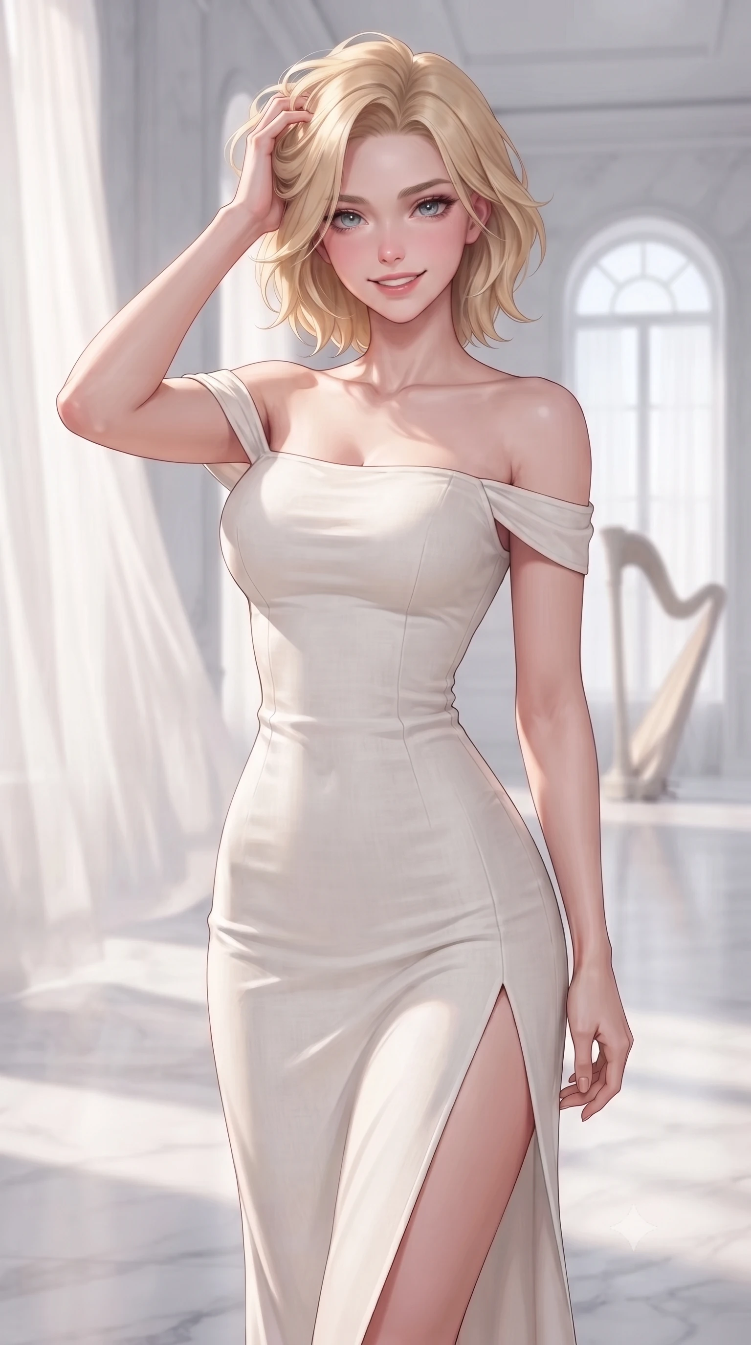 score_9, masterpiece, best quality, ultra-detailed, high-budget anime keyframe, editorial fashion photography, tasteful artistic composition, Caucasian woman. close-up cowboy shot from the waist and thighs up, the character dominates the composition, filling the frame with her large presence, background elements kept in soft focus. smiling with quiet, magnetic self-assurance directly into the camera, running a hand through her hair the background shows a soft-focus a minimalist white marble hall with a lone harp resting near a tall arched window. She has an exceptionally elegant, slender, and willowy female figure with an ultra-slim waist, a gracefully sculpted slender torso, and a refined silhouette. sharp v-shaped jawline, high-bridge nose, intricate jewel-like eyes with depth, thick eyelashes, glossy lips with a natural sheen. wearing a body-hugging off-shoulder white linen summer dress featuring a high side slit ascending to mid-thigh. soft morning sunlight filtering through drapes, creating a serene, dreamy mood. highly saturated vibrant anime colors, detailed shading with soft gradients, rich glossy textures, high-contrast stereoscopic depth, volumetric dynamic lighting, master piece, 9:16 ratio
