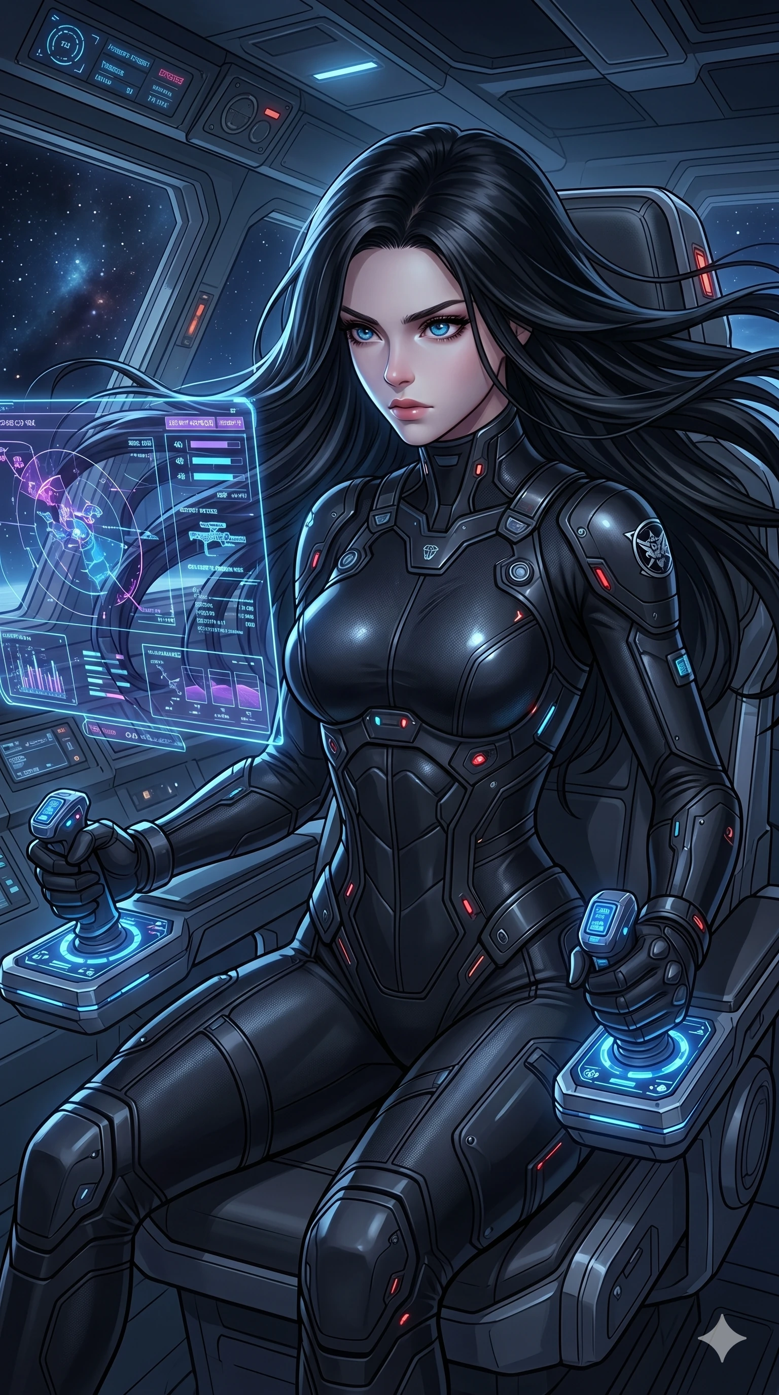 score_9, score_8_up, score_7_up, source_anime, masterpiece, best quality, ultra-detailed, same character with long flowing black hair, wearing a sleek black sci-fi pilot plugsuit, upper body close-up from thigh up filling the screen, sitting in a pilot seat with hands on glowing controls, looking intensely at floating holographic data displays, spaceship cockpit, 2k, 9:16 ratio