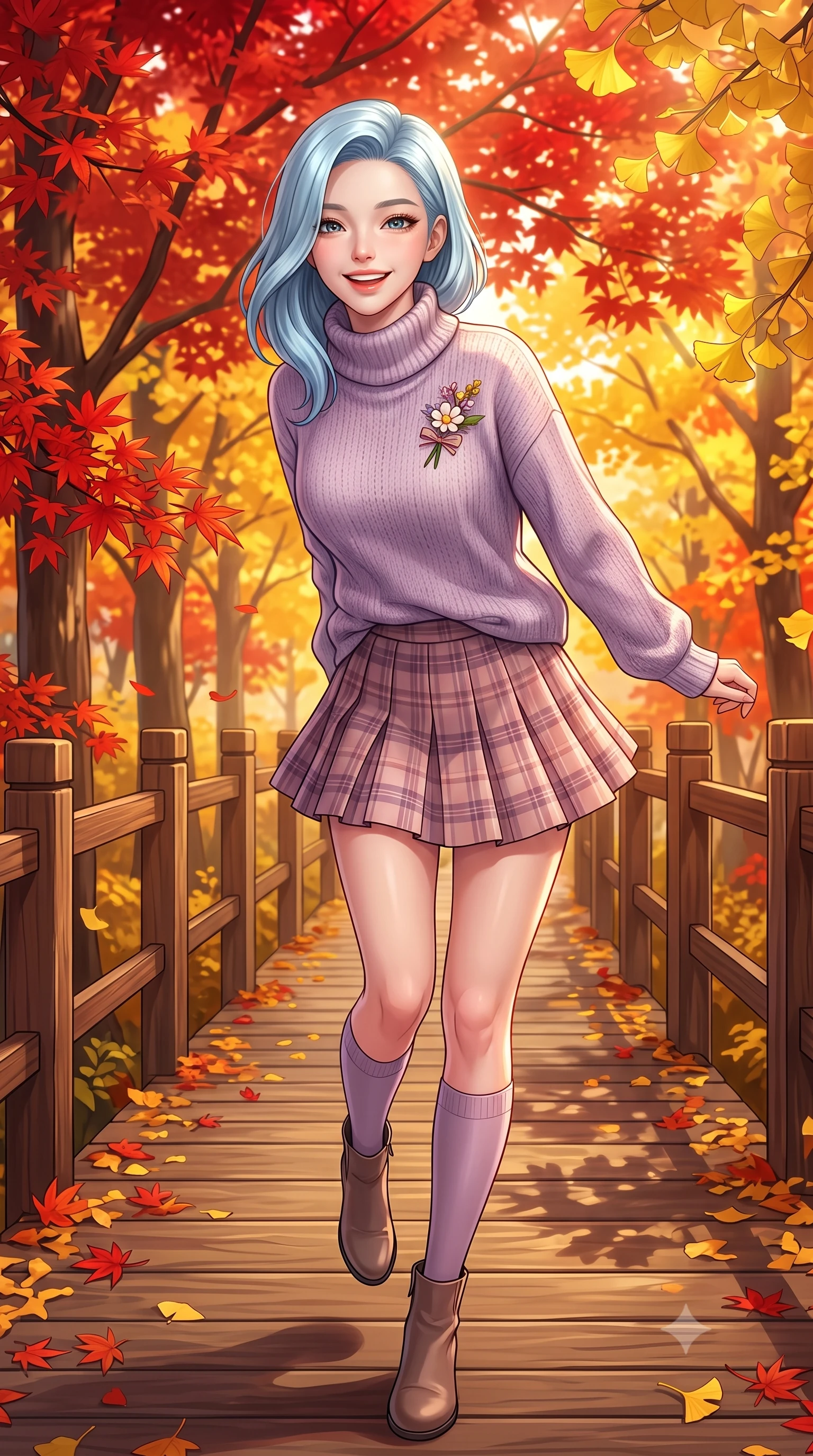 score_9, masterpiece, best quality, ultra-detailed, high-budget anime keyframe, semi-realistic 3D game render, editorial fashion photography, tasteful artistic composition, Korean woman. close-up cowboy shot from the waist and thighs up, the character dominates the composition, filling the frame with her large presence. radiating a joyful bright smile with sparkling jewel-like eyes and pure charming energy, leaning forward with playful grace while walking along a secluded wooden boardwalk surrounded by blazing scarlet maple trees and golden ginkgo foliage. The surrounding environment is rendered in vivid detail and crisp panoramic clarity. rich autumn chiaroscuro and breathtaking seasonal forest foliage captured with environmental precision. She has an exceptionally elegant, slender, and willowy female figure with an ultra-slim waist, a gracefully sculpted slender torso, toned flat midriff, and a refined slim silhouette. sharp v-shaped jawline, high-bridge nose, intricate jewel-like eyes with depth, thick eyelashes, glossy lips with a natural sheen, pure and lovely fresh girlhood expression, flawlessly proportioned anatomical accuracy, strict slender model proportions, natural body alignment, perfectly sculpted long slender limbs, ultra-slim waistline, clean dynamic posture without body distortion. wearing a cozy oversized turtleneck knit jumper paired with a pleated plaid wool skirt and knee-high socks in subtle lilac violet and soft rose gold, tailored from crisp organic cotton poplin, complemented by a delicate wildflower corsage pinned to the lapel, the breezy lightweight fabric fluttering softly against her delicate collarbones, narrow waist, and feminine curves. bathed in warm amber afternoon autumn sunlight filtering through glowing red and gold canopies. highly saturated vibrant anime colors, detailed shading with soft gradients, rich glossy textures, high-contrast stereoscopic depth, volumetric dynamic lighting, master piece, 9:16 ratio