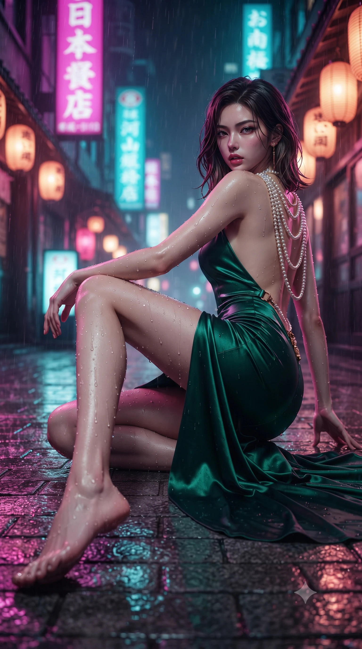 score_9, masterpiece, best quality, ultra-detailed, high-budget anime keyframe, editorial fashion photography, tasteful artistic composition, Korean woman. low angle full-body shot from head to toe showing her feet, filling the entire 9:16 vertical frame with her statuesque presence, stretching her vertical silhouette. reclining on her side in an elegant Cleopatra pose with one knee drawn up, the dramatic contour of her rounded hips and long slender legs commanding the 9:16 vertical frame while twisting her slender torso in an alluring contrapposto stance beside a glowing kanji signboard, rain droplets glistening along her long slender legs and curvy hips. The composition keeps background elements in soft focus with creamy bokeh. vertical kanji holographic signs and glowing paper lantern displays blurred into rich magenta, laser turquoise, and amber bokeh. She has an exceptionally tall and slender model-like 8.5-heads proportion, an ultra-slim waist, a flat toned midriff, narrow delicate ribcage, and beautifully sculpted feminine hips creating a graceful, slim hourglass silhouette without any bulky heaviness, with impossibly long slender legs. sharp v-shaped jawline, high-bridge nose, intricate jewel-like eyes with depth, thick eyelashes, glossy parted lips with a natural sheen, intensely captivating and seductive bedroom-eyes expression, flawlessly proportioned anatomical accuracy, strict slender model proportions, natural body alignment, perfectly sculpted long slender limbs, ultra-slim waistline, clean dynamic posture without body distortion. wearing an open-back duchess satin gala gown with a dramatic hip-hugging drape and cascading trailing hem in deep emerald green satin and gold hardware, woven from layered gossamer chiffon with a weightless sweeping drape, accented with a multi-strand pearl back necklace cascading down her bare spine to her hips, the glove-like aerodynamic silhouette tightly following the natural contour of her hips and long slender legs with statuesque 8.5-heads elegance. bathed in vivid electric magenta and laser cyan neon underlights contrasting with rain-soaked shadow tones. ultra-reflective glossy finish, specular highlights, rich textural contrasts, high-contrast stereoscopic depth, volumetric dynamic lighting, 2k, ultra detail, master piece, 9:16 ratio