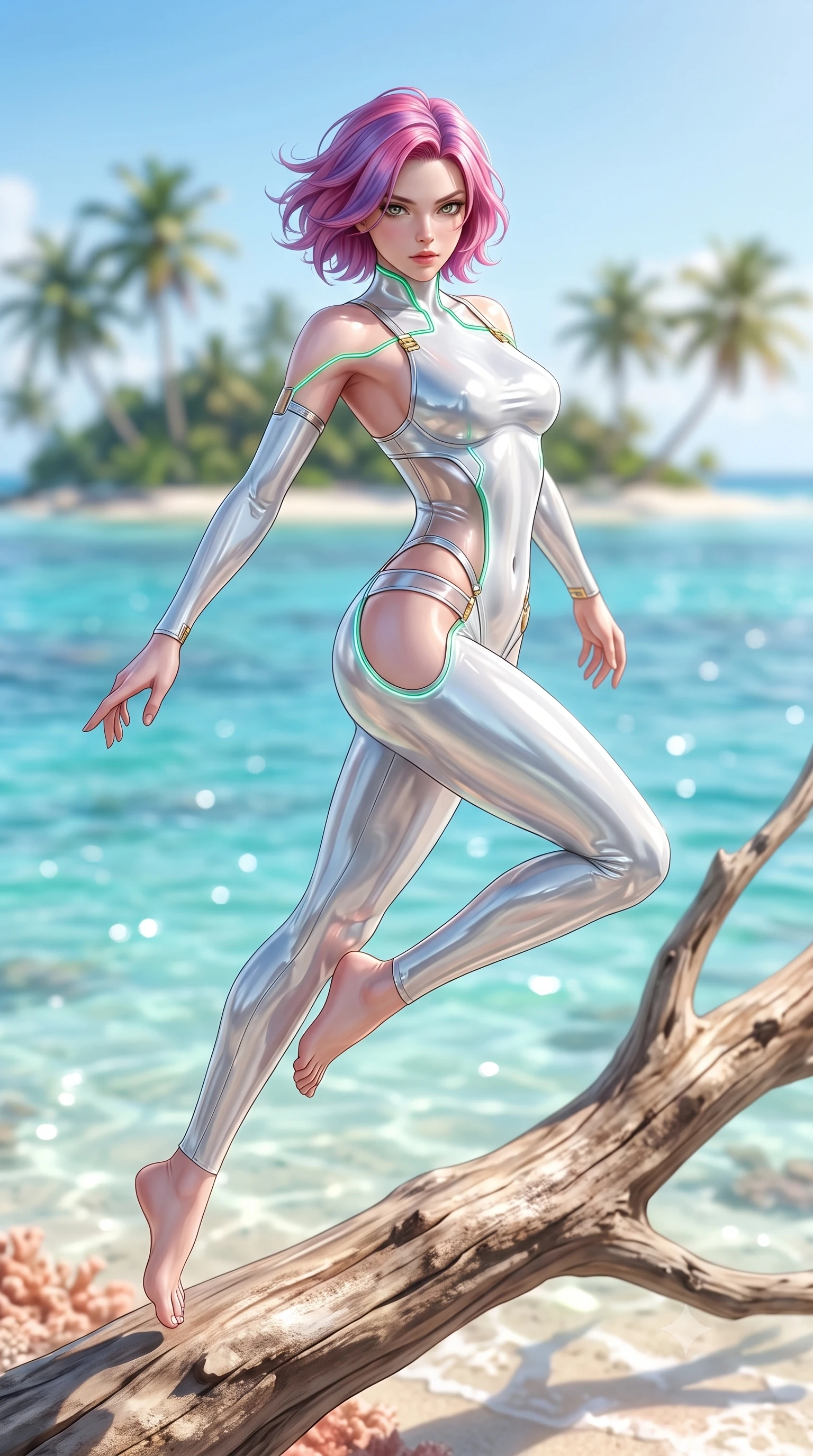 score_9, masterpiece, best quality, ultra-detailed, high-budget anime keyframe, semi-realistic 3D game render, editorial fashion photography, tasteful artistic composition, Caucasian woman. low angle full-body shot from head to toe showing her feet, filling the entire 9:16 vertical frame with her statuesque presence, stretching her vertical silhouette. leaping through mid-air with an athletic yet alluring arch of her spine, her impossibly long slender legs stretched in flawless poise while arching her back gracefully on a sun-warmed driftwood branch with the sparkling coral sea stretching behind. The composition keeps background elements in soft focus with creamy bokeh. distant palm-lined islands and vibrant blue sky softened by shallow atmospheric focus. She has an absolutely perfect, statuesque 8.5-heads proportion, an exceptionally tall and slender model-like female figure with impossibly long slender legs, a toned flat midriff, and an ultra-slim waist. sharp v-shaped jawline, high-bridge nose, intricate jewel-like eyes with depth, thick eyelashes, glossy lips with a natural sheen, flawlessly proportioned anatomical accuracy, strict slender model proportions, natural body alignment, perfectly sculpted long slender limbs, ultra-slim waistline, clean dynamic posture without body distortion. wearing a second-skin white liquid-mercury micro-bodysuit sculpted tightly to her slender build, featuring razor-thin metallic straps and hip cutouts in bright emerald green satin and gold hardware, tailored from semi-translucent cybernetic vinyl with glowing micro-filaments, accented with glowing fiber-optic seams tracing her collarbones and hip curves, the liquid-tight tailored fabric emphasizing every curve of her tall, slender model proportions and sculptured silhouette during dynamic movement. surrounded by a fresh, sun-soaked, and breathtakingly sensual tropical paradise ambiance. highly saturated vibrant anime colors, detailed shading with soft gradients, rich glossy textures, high-contrast stereoscopic depth, volumetric dynamic lighting, master piece, 9:16 ratio