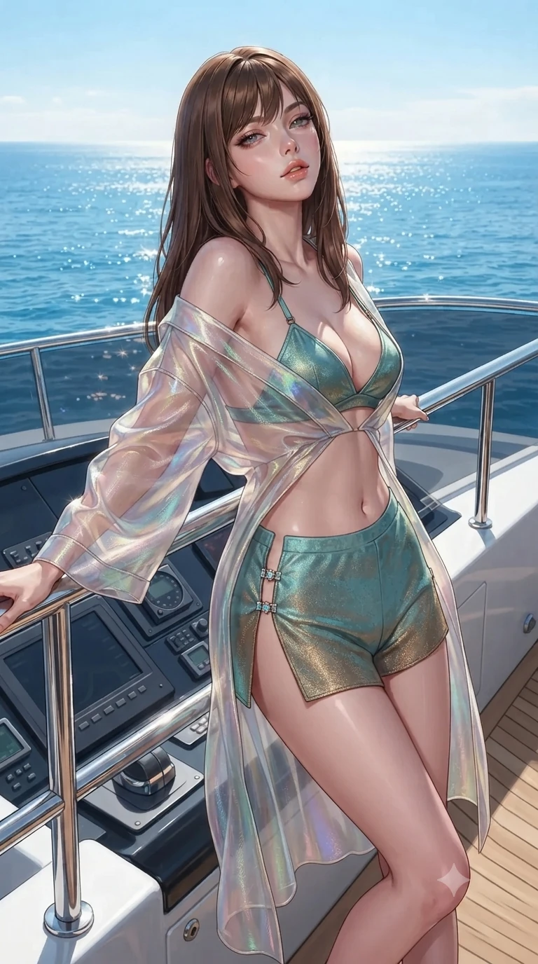 score_9, masterpiece, best quality, ultra-detailed, high-budget anime keyframe, editorial fashion photography, tasteful artistic composition, Korean woman. close-up cowboy shot from the waist and thighs up, the character dominates the composition, filling the frame with her large presence. leaning back against the balustrade with relaxed seductive grace, head tilted back slightly while casting a hypnotic, heavy-lidded gaze while leaning forward over the tinted flying bridge windscreen with hips cocked back, gazing across the sparkling Mediterranean with an intoxicating smoldering gaze. The surrounding environment is rendered in vivid detail and crisp panoramic clarity: detailed backless halterneck leotard tailoring, metallic clasp accents, and luxury naval engineering in razor-sharp clarity. She has an exceptionally elegant, slender, and willowy female figure with an ultra-slim waist, flat toned midriff, narrow ribcage, and sculpted feminine hips creating an alluring, slim hourglass silhouette without bulk. sharp v-shaped jawline, high-bridge nose, sparkling eyes with hypnotic seductive depth, thick curled eyelashes, glossy parted lips with a natural dewy peach sheen, alluring bedroom-eyes with an enchanting coquettish smile, exuding magnetic siren charisma and sophisticated glamour, flawlessly proportioned anatomical accuracy, strict slender model proportions, natural body alignment, perfectly sculpted long slender limbs, ultra-slim waistline, clean dynamic posture without body distortion. wearing a translucent iridescent organza beach kimono slipping off bare shoulders over a matching satin micro-bralette and micro-shorts in turquoise patina and burnished vintage brass, woven from stretch metallic lurex jersey casting radiant starlight glints across her silhouette, finished with an ultra-high side slit secured by miniature jeweled clasps, the form-contouring cut accentuating her sculpted flat midriff, narrow delicate ribcage, and gracefully curvy hips with intoxicating allure. bathed in crisp, high-intensity Mediterranean midday sunlight with brilliant specular glints off polished chrome and dewy skin. ultra-reflective glossy finish, specular highlights, rich textural contrasts, high-contrast stereoscopic depth, volumetric dynamic lighting, 2k, ultra detail, master piece, 9:16 ratio
