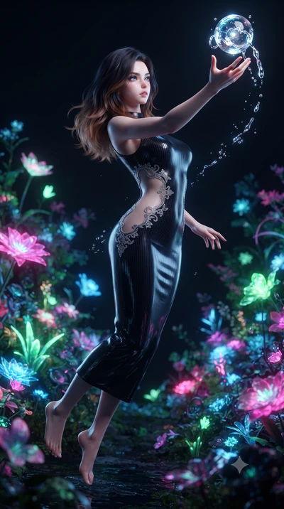 score_9, masterpiece, best quality, ultra-detailed, High-budget Anime Keyframe, editorial fashion photography, tasteful artistic composition, realistic cosplay photography, East Asian woman. Dynamic full-body shot stretching the vertical silhouette t