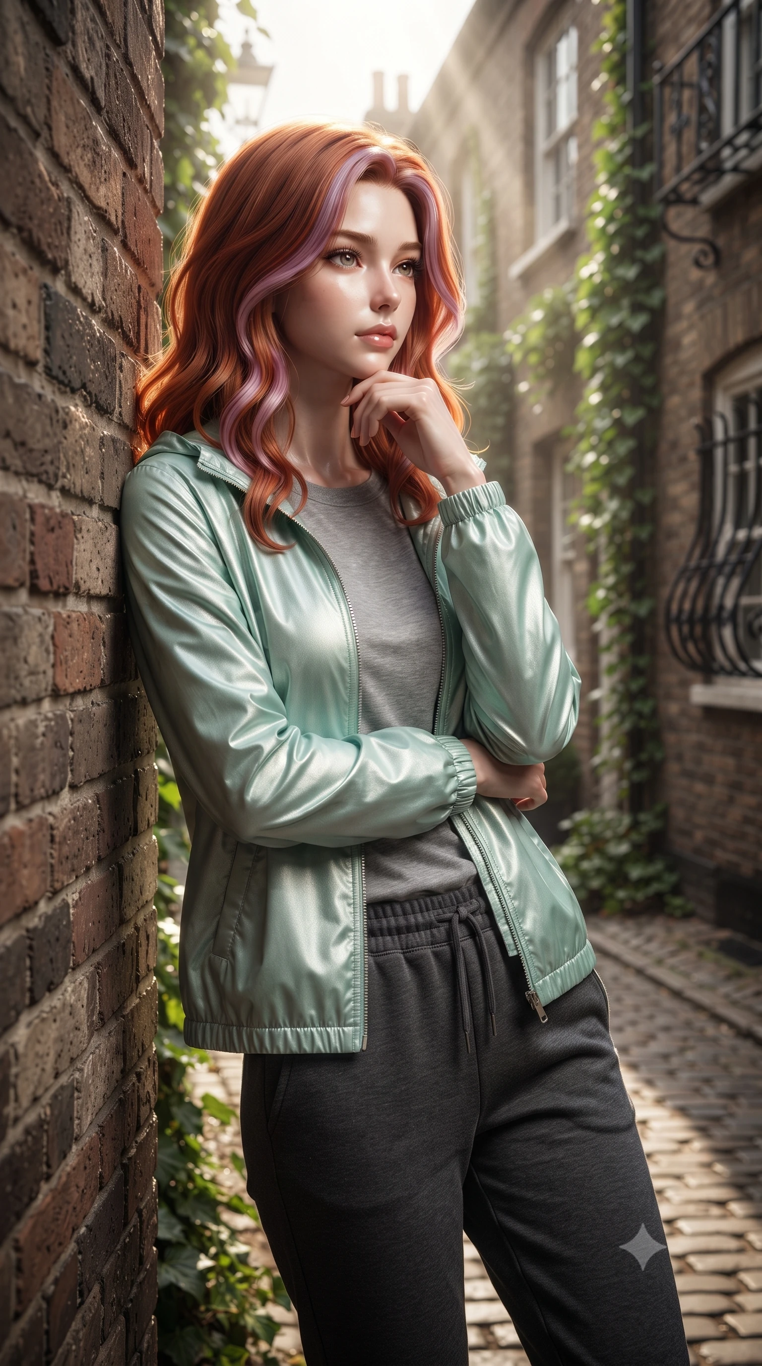 score_9, masterpiece, best quality, ultra-detailed, high-budget anime keyframe, editorial fashion photography, tasteful artistic composition, Caucasian woman woman. close-up cowboy shot from the waist and thighs up, the character dominates the composition, filling the frame with her large presence, background elements kept in soft focus. looking past the camera with a peaceful, thoughtful gaze, enjoying the warm sunlight the background shows a soft-focus a charming brick-walled lane in a historic district, with green ivy climbing the walls. She has an exceptionally elegant, slender, and willowy female figure with an ultra-slim waist, a gracefully sculpted slender torso, and a refined silhouette. sharp v-shaped jawline, high-bridge nose, intricate jewel-like eyes with depth, thick eyelashes, glossy lips with a natural sheen. wearing a tailored light windbreaker jacket in mint green over a grey cotton tee and dark jogger pants. sun rays cutting through the gap between buildings, creating dramatic contrasts. ultra-reflective glossy finish, specular highlights, metallic sheen, high-contrast stereoscopic depth, volumetric dynamic lighting, 2k, ultra detail, master piece, 9:16 ratio