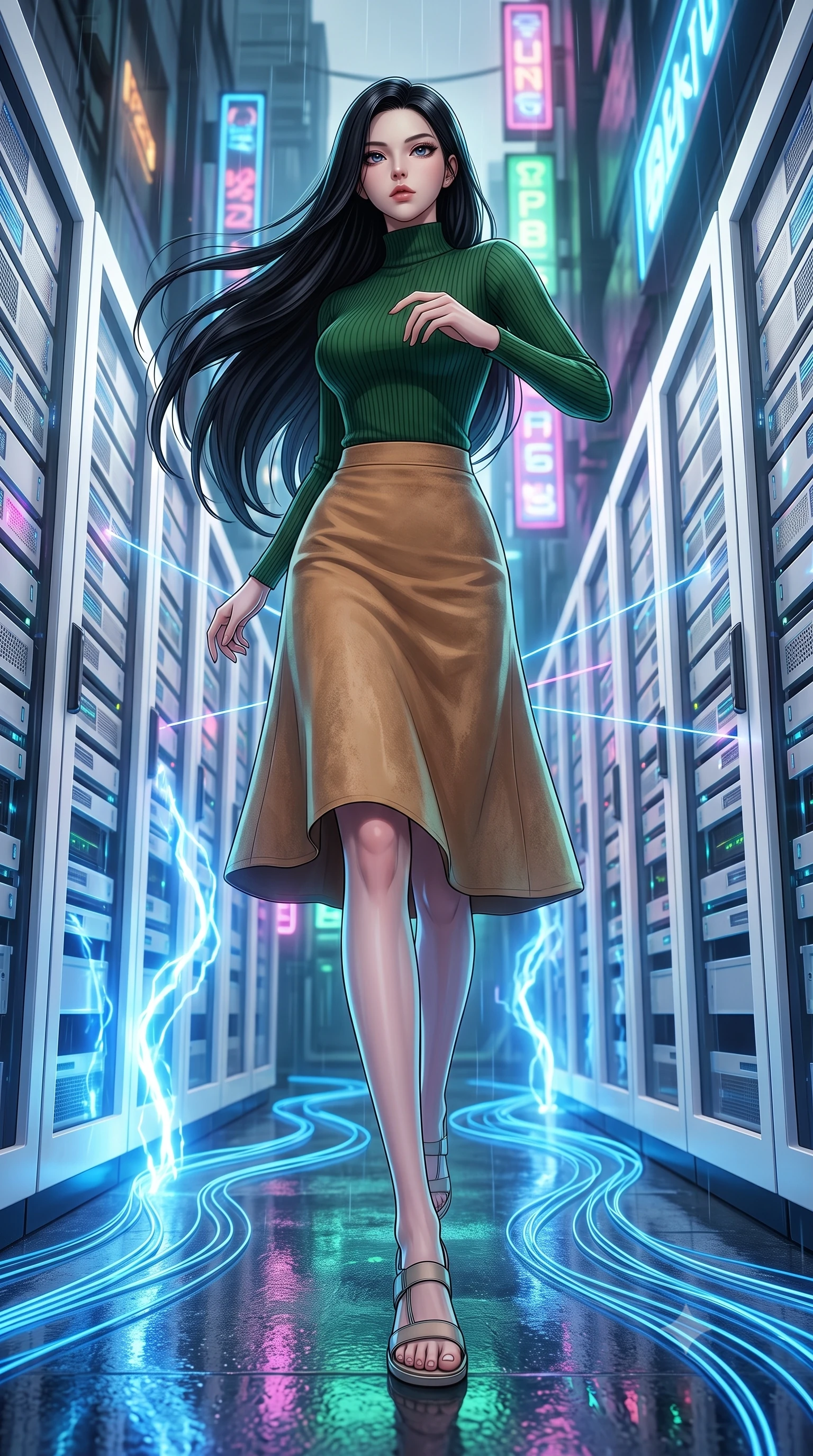 score_9, masterpiece, best quality, ultra-detailed, high-budget anime keyframe, editorial fashion photography, tasteful artistic composition, Korean woman. low angle full-body shot from head to toe showing her feet, filling the entire 9:16 vertical frame with her statuesque presence, stretching her vertical silhouette. dashing through rain-slicked cyberpunk alleyways, dodging laser tripwires with fluid agility through a server hub lined with towering pristine white server racks, clean blue fiber-optic lines running along the floor. She has a statuesque 8.5-heads proportion, an exceptionally tall, slender and willowy model-like build with impossibly long legs and a highly sculpted ultra-slim waist. sharp v-shaped jawline, high-bridge nose, intricate jewel-like eyes with depth, thick eyelashes, glossy lips with a natural sheen. wearing catching and diffusing the glowing particles, shimmering softly in response to the surrounding light, a body-hugging high-neck forest green ribbed long-sleeve top paired with a tan suede A-line midi skirt. highly saturated vibrant anime colors, intense vivid color palette, soft 3D volumetric shading, volumetric dynamic lighting, pulsing electric blue plasma arc lighting rising dramatically from below. 2k, ultra detail, master piece, 9:16 ratio