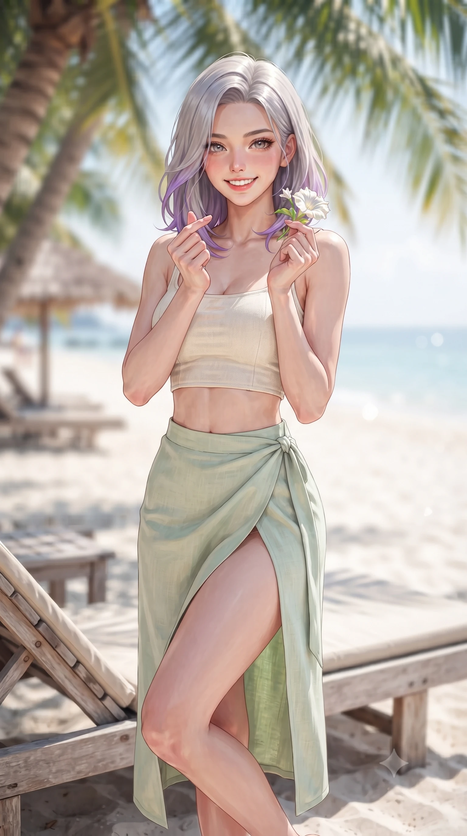 score_9, masterpiece, best quality, ultra-detailed, high-budget anime keyframe, editorial fashion photography, tasteful artistic composition, Caucasian woman. close-up cowboy shot from the waist and thighs up, the character dominates the composition, filling the frame with her large presence, background elements kept in soft focus. flashing a bright, sunny grin, holding her fingers in a cute small heart shape set against a soft-focus background of on a wooden sunbed deck built directly on the sandy beach under palms holding a small white flower from a beach vine with a lovely smile. She has an exceptionally elegant, slender, and willowy female figure with an ultra-slim waist, a gracefully sculpted slender torso, and a refined silhouette. sharp v-shaped jawline, high-bridge nose, intricate jewel-like eyes with depth, thick eyelashes, glossy lips with a natural sheen. wearing body-hugging stylish crop top paired with a high-slit linen wrap skirt. bright midday sun highlighting the white sand in a high-key clean glow. highly saturated vibrant anime colors, detailed shading with soft gradients, rich glossy textures, high-contrast stereoscopic depth, volumetric dynamic lighting, master piece, 9:16 ratio