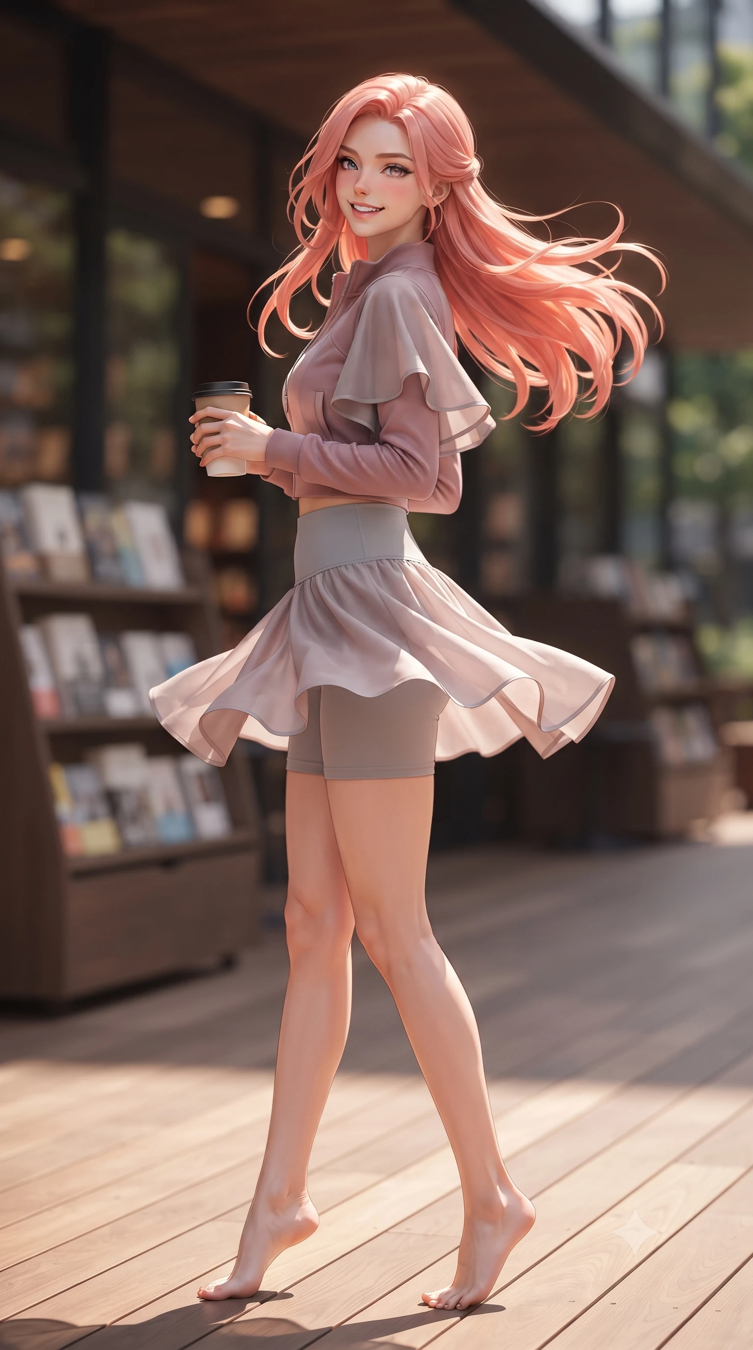 score_9, masterpiece, best quality, ultra-detailed, high-budget anime keyframe, editorial fashion photography, tasteful artistic composition, Japanese woman. low angle full-body shot from head to toe showing her feet, filling the entire 9:16 vertical frame with her statuesque presence, stretching her vertical silhouette. executing a cheerful mid-motion pivot turn as her skirt flutters around her slender legs, glancing over her shoulder with an intoxicating, teasing cute expression while standing poised on the sunlit timber deck with a coffee tumbler in hand, twisting her slender torso in an alluring contrapposto stance. The composition keeps background elements in soft focus with dreamy creamy bokeh. outdoor wooden deck terraces and book display displays softened in sophisticated Tokyo shallow focus. She has an exceptionally tall and slender model-like 8.5-heads proportion, an ultra-slim waist, a flat toned midriff, narrow delicate ribcage, and beautifully sculpted feminine hips creating a graceful, slim hourglass silhouette without any bulky heaviness, with impossibly long slender legs. sharp v-shaped jawline, high-bridge nose, intricate jewel-like sparkling eyes with depth, thick eyelashes, glossy parted lips with a natural peach sheen, bright cheerful beaming smile with an enchanting and coquettish sensual glint, exuding both youthful cute charm and seductive allure, flawlessly proportioned anatomical accuracy, strict slender model proportions, natural body alignment, perfectly sculpted long slender limbs, ultra-slim waistline, clean dynamic posture without body distortion. wearing a sporty chic zip-up crop jacket paired with high-waisted biker shorts clinging to her athletic hips in dusty rose and soft dove grey, woven from layered gossamer organza with weightless flutter, featuring elegant flutter sleeves and a graceful square neckline, the precision-cut side openings and low-back scoop framing her graceful spine and the sensual sweep of her slim, toned hips. illuminated by warm wooden deck bounce light sculpting her razor-sharp jawline, narrow waist, and curvy hips. ultra-reflective glossy finish, specular highlights, rich textural contrasts, high-contrast stereoscopic depth, volumetric dynamic lighting, 2k, ultra detail, master piece, 9:16 ratio