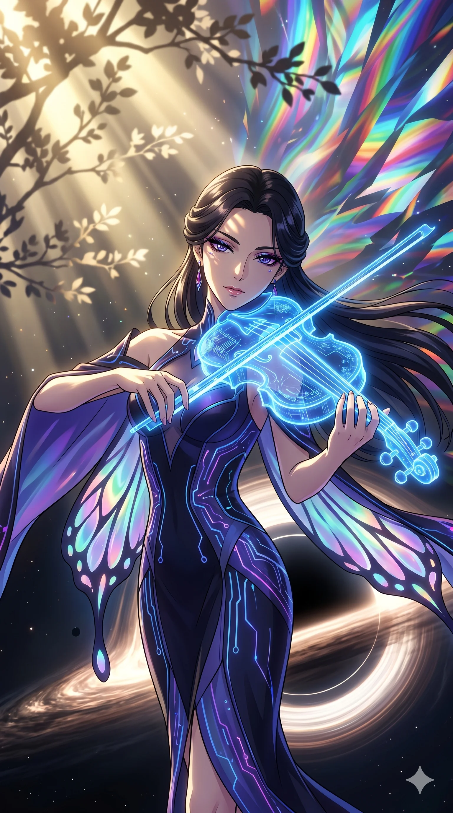 score_9, masterpiece, best quality, ultra-detailed, Set A: High-budget Anime Keyframe, Japanese woman. Upper body close-up from the thighs up, character filling the screen for maximum presence. Theme: Historical Remix. playing a holographic violin in the edge of a black hole, with a look of serene power as the sky splits into 28 colors. The atmosphere is filled with cinematic sunlight through leaves. She has an absolutely perfect 8-heads proportion, an exceptionally tall and slender female figure with impossibly long slender legs and an ultra-slim waist. Sharp v-shaped jawline, high-bridge nose, intricate jewel-like eyes with depth, glossy lips. Wearing Cybernetic butterfly-theme dress with glowing wing-patterned silk capes. Cinematic lighting, vivid colors, dramatic shadows, 2k, ultra detail, master piece, 9:16 ratio