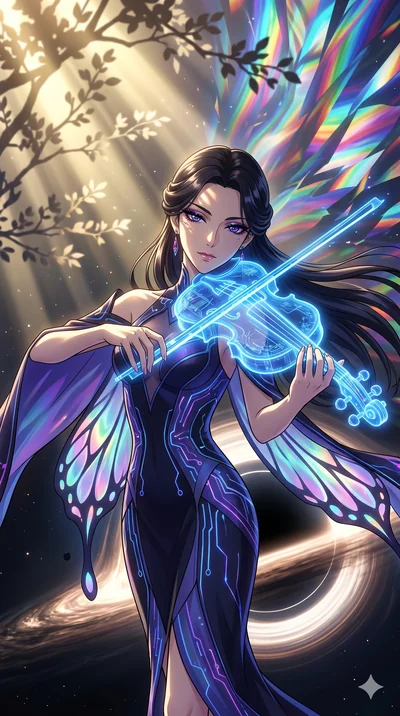 score_9, masterpiece, best quality, ultra-detailed, Set A: High-budget Anime Keyframe, Japanese woman. Upper body close-up from the thighs up, character filling the screen for maximum presence. Theme: Historical Remix. playing a holographic violin in