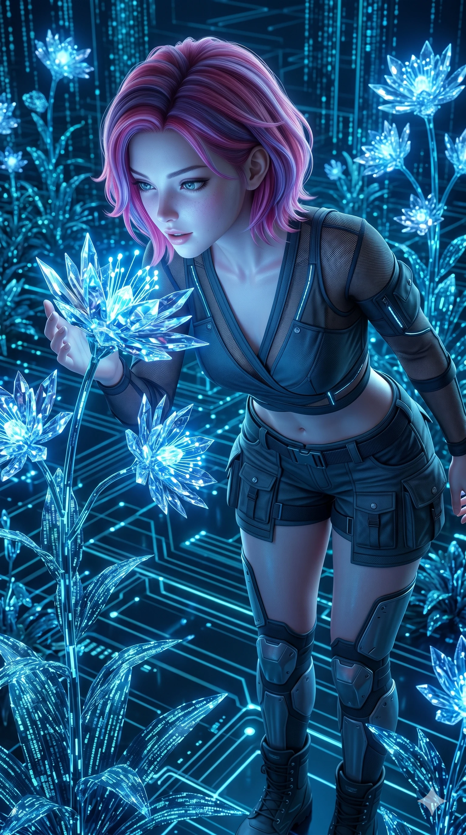 score_9, masterpiece, best quality, ultra-detailed, high-budget anime keyframe, semi-realistic 3D game render, Caucasian woman, strictly human ears. Upper body close-up from the thighs up, character filling the screen for maximum presence. Inside a digital garden with glowing crystalline flowers, bending down to examine a flower with a fascinated, gentle expression. She is wearing a cropped wrap top with sheer panels, utility shorts, and boots. The scene is bathed in the bioluminescent blue light of the crystal flowers. 2k, ultra detail, master piece, 9:16 ratio