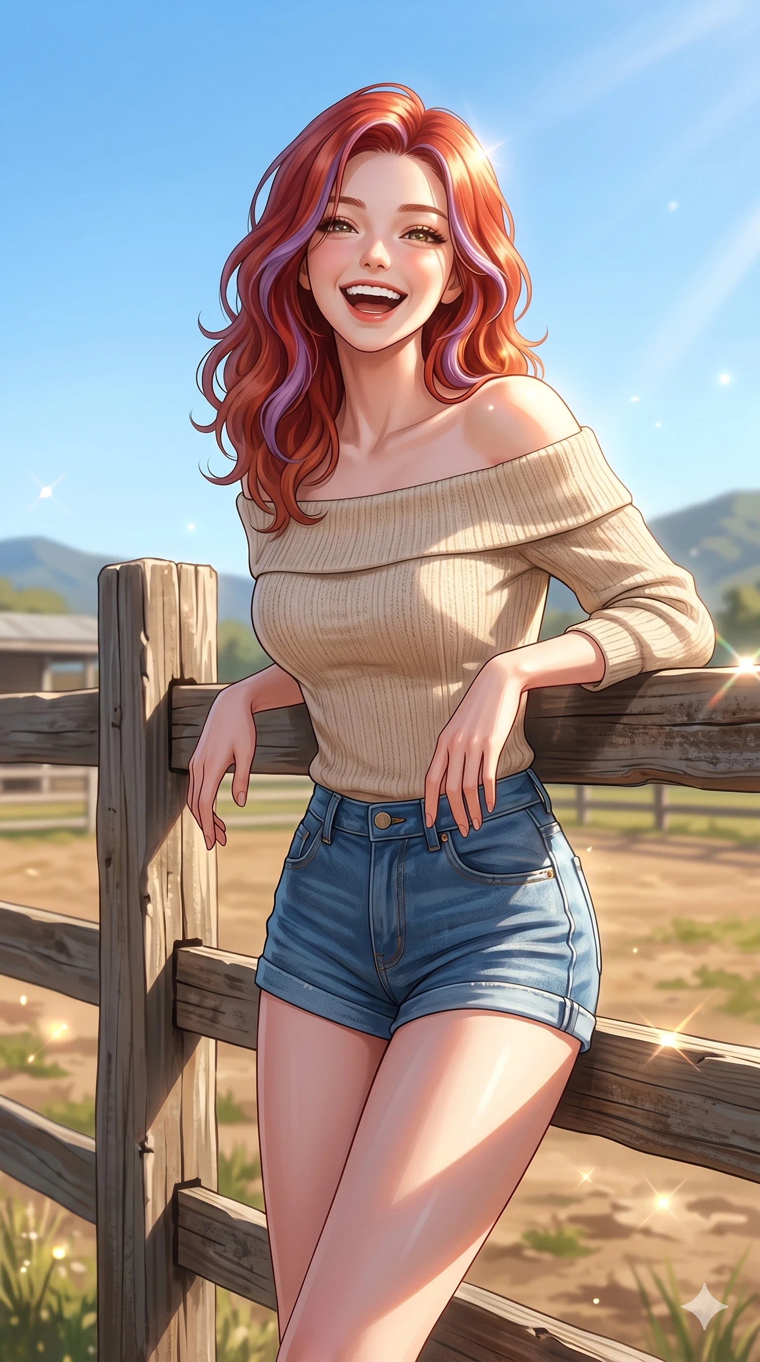 score_9, masterpiece, best quality, ultra-detailed, high-budget anime keyframe, editorial fashion photography, tasteful artistic composition, Caucasian woman, strictly human ears. cowboy shot from the thighs up, character and outfit filling the frame for maximum editorial presence. laughing joyfully with her head tilted, eyes glowing with bright happiness leaning against a rustic wooden fence in a horse ranch under a bright blue sky. She has an absolutely perfect 8-heads proportion, an exceptionally tall and slender female figure with impossibly long slender legs and an ultra-slim waist. V-shaped jawline, high-bridge nose, intricate jewel-like eyes with depth, thick eyelashes, glossy lips with a natural sheen. wearing a beige off-shoulder top showing her elegant clavicle lines, and denim shorts. illuminated by bright, warm sunbeams creating soft shadows and sparkling lens flares. 2k, ultra detail, master piece, 9:16 ratio