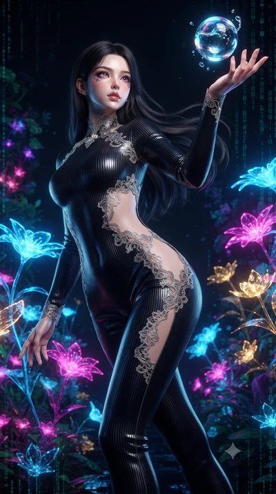 score_9, masterpiece, best quality, ultra-detailed, High-budget Anime Keyframe, editorial fashion photography, tasteful artistic composition, realistic cosplay photography, East Asian woman. Dynamic full-body shot stretching the vertical silhouette t