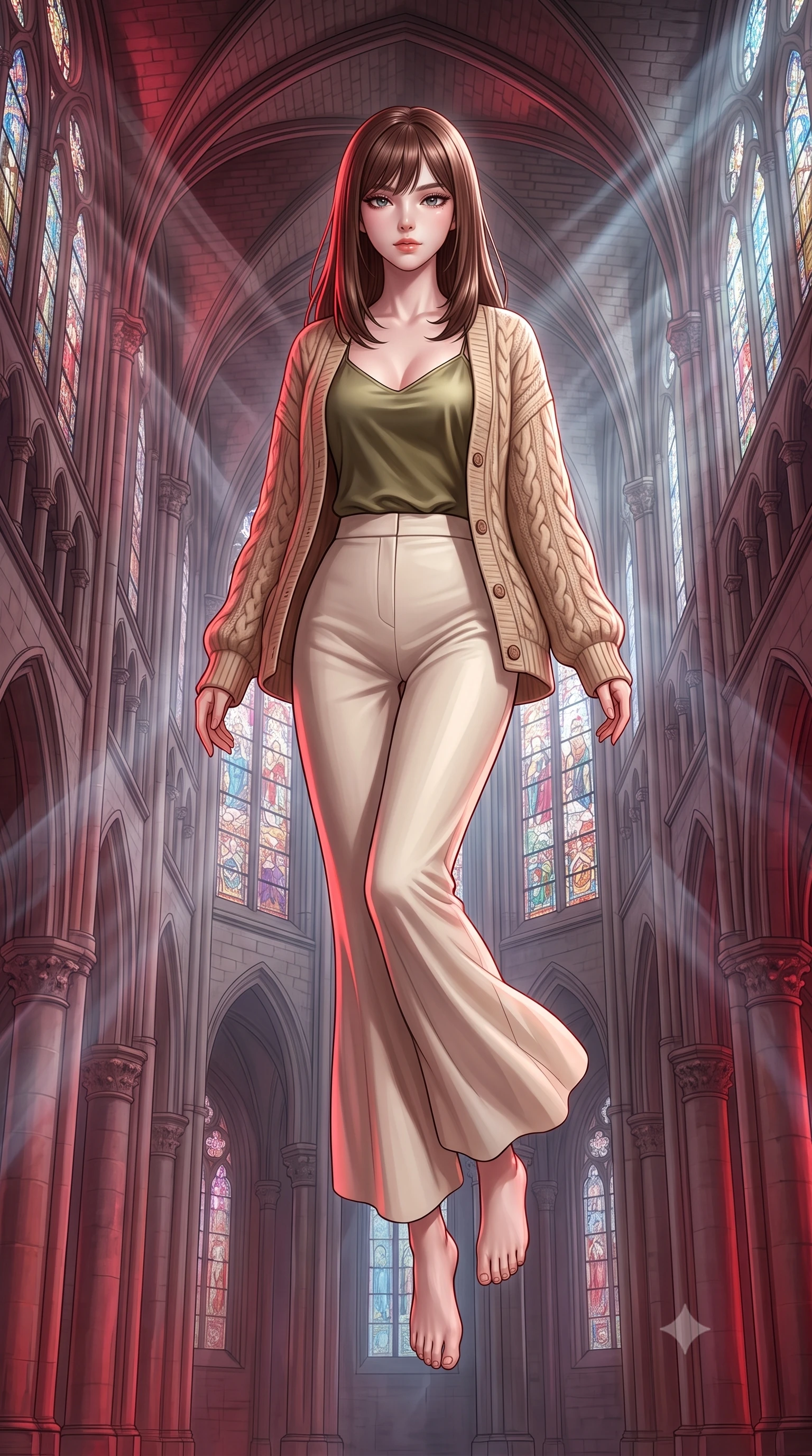 score_9, masterpiece, best quality, ultra-detailed, high-budget anime keyframe, editorial fashion photography, tasteful artistic composition, Korean woman. low angle full-body shot from head to toe showing her feet, filling the entire 9:16 vertical frame with her statuesque presence, stretching her vertical silhouette. floating with ethereal lightness within a cathedral that exists simultaneously in physical and astral planes with ghostly double-images of every surface stained-glass windows showing different realities and translucent spirit light flowing through the nave. She has a statuesque 8.5-heads proportion, an exceptionally tall, slender and willowy model-like build with impossibly long legs and a highly sculpted ultra-slim waist. sharp v-shaped jawline, high-bridge nose, intricate jewel-like eyes with depth, thick eyelashes, glossy lips with a natural sheen. wearing a cozy beige cable-knit cardigan over an olive green silk slip top and cream-colored wide-leg pants. deep crimson theatrical lighting with sharp specular highlights on every curve. 2k, ultra detail, master piece, 9:16 ratio