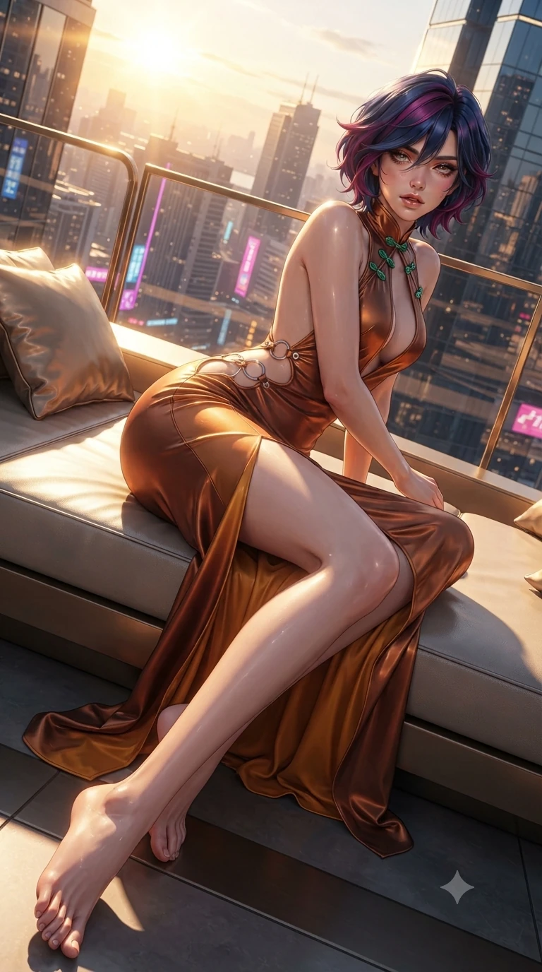 score_9, masterpiece, best quality, ultra-detailed, high-budget anime keyframe, editorial fashion photography, tasteful artistic composition, Korean woman. low angle full-body shot from head to toe showing her feet, filling the entire 9:16 vertical frame with her statuesque presence, stretching her vertical silhouette. reclining on her side in an elegant Cleopatra pose with one knee drawn up, the dramatic contour of her rounded hips and long slender legs commanding the 9:16 vertical frame while twisting her slender torso in an alluring S-curve, intense golden sunlight and evening city neon painting sharp highlights along her flat midriff and hourglass curves. The surrounding environment is rendered in vivid detail and crisp panoramic clarity: detailed semi-translucent wrap dress tailoring, fine metallic embroidery, and high-altitude luxury architecture in razor-sharp precision. She has an exceptionally tall and slender model-like 8.5-heads proportion, an ultra-slim waist, a flat toned midriff, narrow delicate ribcage, and beautifully sculpted feminine hips creating a graceful, slim hourglass silhouette without any bulky heaviness, with impossibly long slender legs. sharp v-shaped jawline, high-bridge nose, intricate jewel-like sparkling eyes with depth, thick eyelashes, glossy parted lips with a natural sheen, intensely captivating and seductive bedroom-eyes expression, exuding both youthful cute charm and sovereign luxury allure, flawlessly proportioned anatomical accuracy, strict slender model proportions, natural body alignment, perfectly sculpted long slender limbs, ultra-slim waistline, clean dynamic posture without body distortion. wearing a liquid-silk jersey evening gown with an ultra-deep plunging open back descending to the base of her spine and a sculpted hip-hugging skirt in rich copper bronze and warm amber, adorned with delicate chrome ring hardware and cutouts along her slender waist, finished with sleek jade frog closures glinting along her high collar, the form-contouring cut accentuating her sculpted flat midriff, narrow delicate ribcage, and gracefully curvy hips with intoxicating allure. bathed in the blinding, warm 2200K golden-hour rays of the setting sun casting brilliant specular highlights along her silhouette. ultra-reflective glossy finish, specular highlights, rich textural contrasts, high-contrast stereoscopic depth, volumetric dynamic lighting, 2k, ultra detail, master piece, 9:16 ratio