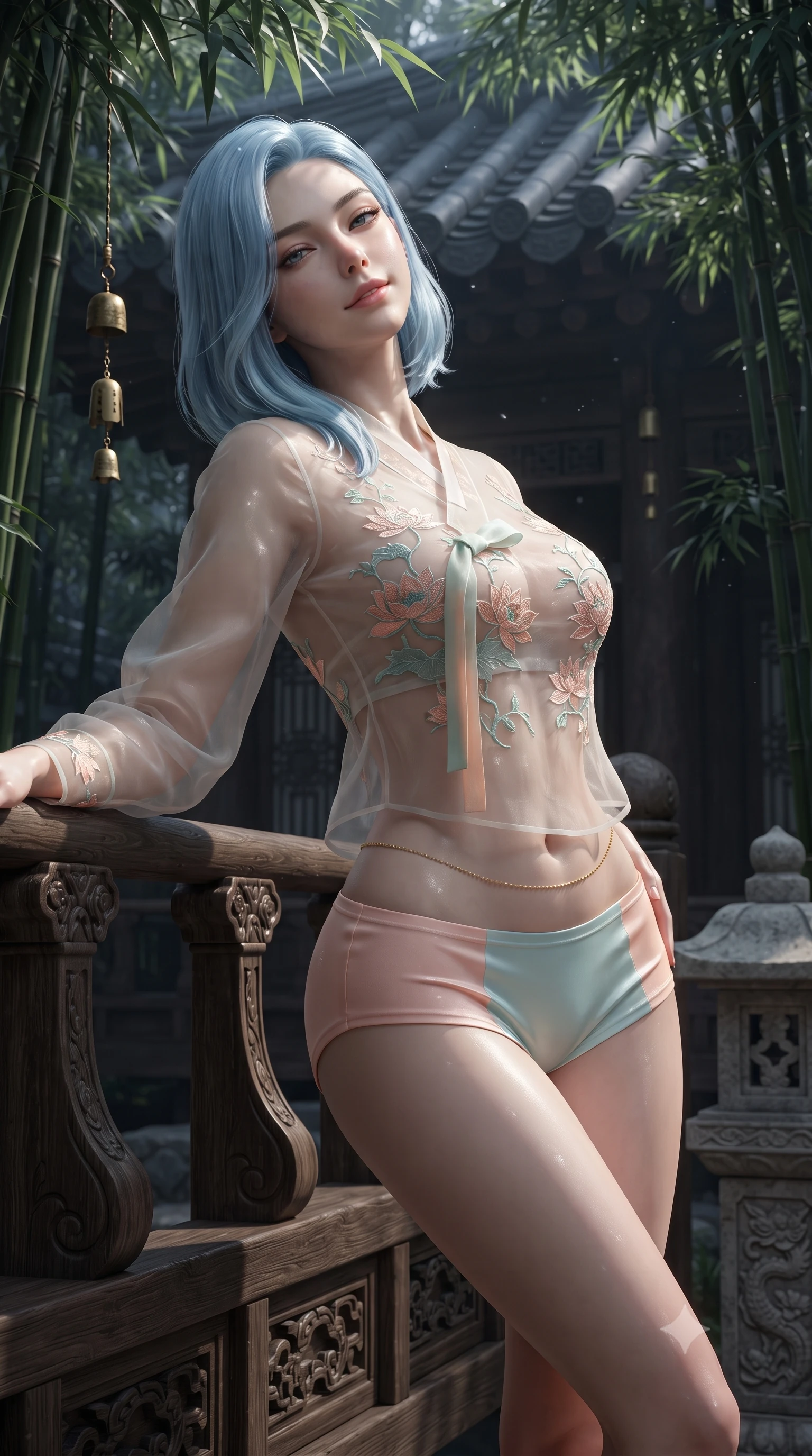 score_9, masterpiece, best quality, ultra-detailed, high-budget anime keyframe, editorial fashion photography, tasteful artistic composition, Korean woman. close-up cowboy shot from the waist and thighs up, the character dominates the composition, filling the frame with her large presence. leaning back against the balustrade with relaxed seductive grace, head tilted back slightly while casting a hypnotic, heavy-lidded gaze while twisting her slender torso in an alluring S-curve, dappled silver moonlight tracing her form-fitting outfit and curvaceous hips. The surrounding environment is rendered in vivid detail and crisp panoramic clarity: sharp bamboo node textures, hanging brass chime details, and stone lantern carving relief in deep focus. She has an exceptionally elegant, slender, and willowy female figure with an ultra-slim waist, flat toned midriff, narrow ribcage, and sculpted feminine hips creating an alluring, slim hourglass silhouette without bulk. sharp v-shaped jawline, high-bridge nose, sparkling eyes with hypnotic seductive depth, thick curled eyelashes, glossy parted lips with a natural dewy peach sheen, alluring bedroom-eyes with an enchanting coquettish smile, exuding magnetic siren charisma and sophisticated glamour, flawlessly proportioned anatomical accuracy, strict slender model proportions, natural body alignment, perfectly sculpted long slender limbs, ultra-slim waistline, clean dynamic posture without body distortion. wearing a form-contouring sheer organza hanbok bodice with delicate lotus embroidery paired with low-rise silk hot-pants in pastel peach blossom and celadon porcelain blue, made of sheer gossamer chiffon that drapes softly against skin with airy translucence, finished with a dainty gold belly chain resting across her flat midriff and curving hips, the form-contouring silhouette accentuating her sculpted flat midriff, narrow delicate ribcage, and gracefully curvy hips with intoxicating allure. bathed in cool moonlight filtering delicately through the dense bamboo canopy. ultra-reflective glossy finish, specular highlights, rich textural contrasts, high-contrast stereoscopic depth, volumetric dynamic lighting, 2k, ultra detail, master piece, 9:16 ratio