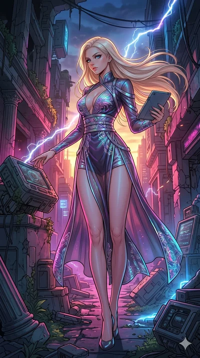 score_9, masterpiece, best quality, ultra-detailed, high-budget anime movie keyframe, cinematic anime lighting, intricate line art, Korean woman. Low angle cowboy shot filling the entire 9:16 frame with her statuesque presence. exploring lost ruins i
